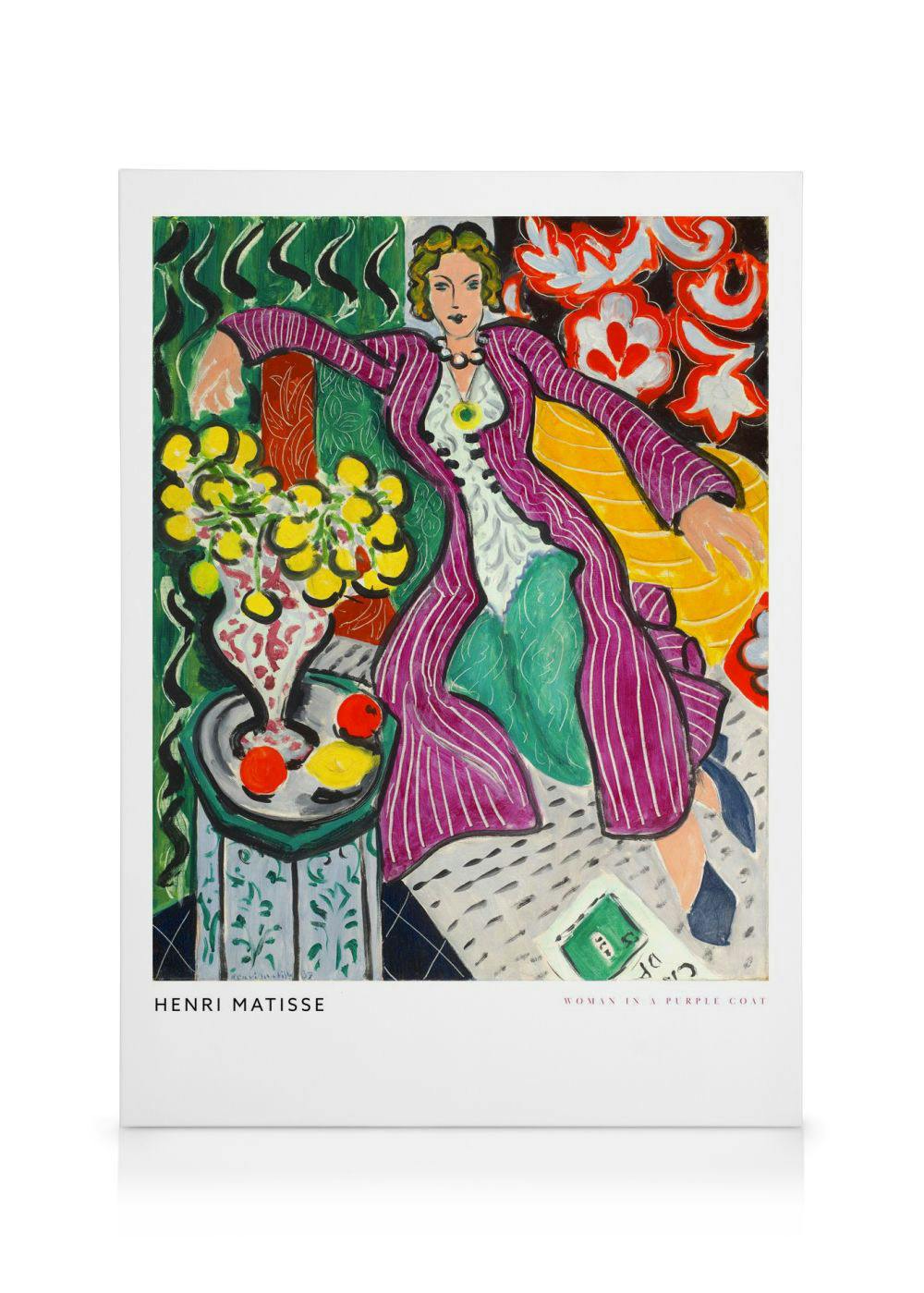 En canvastavla med Henri Matisses målning Kvinnan i lila kappa, som visar en sittande kvinna i färgglada kläder.