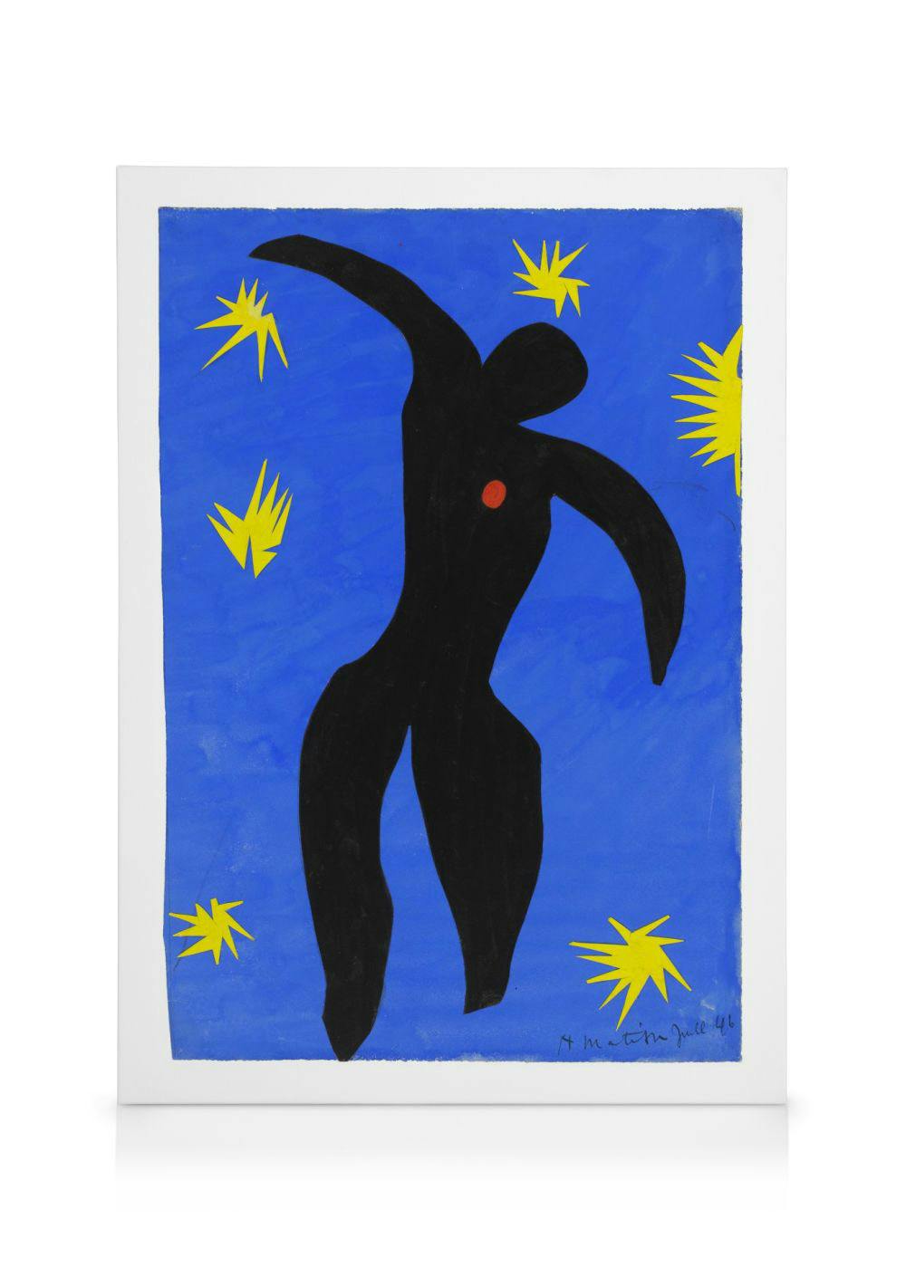 Tela decorativa com figura preta estilizada a dançar sobre um fundo azul, rodeada por estrelas amarelas e um ponto vermelho.