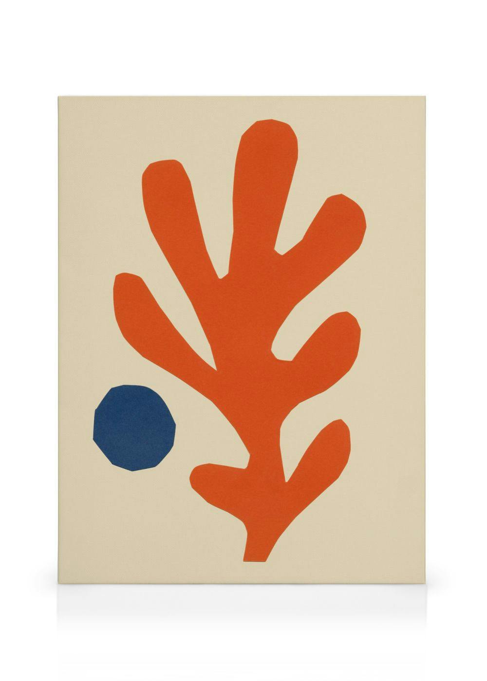 A canvas print featuring an orange coral-like shape and a dark blue circular shape on a light cream background.
