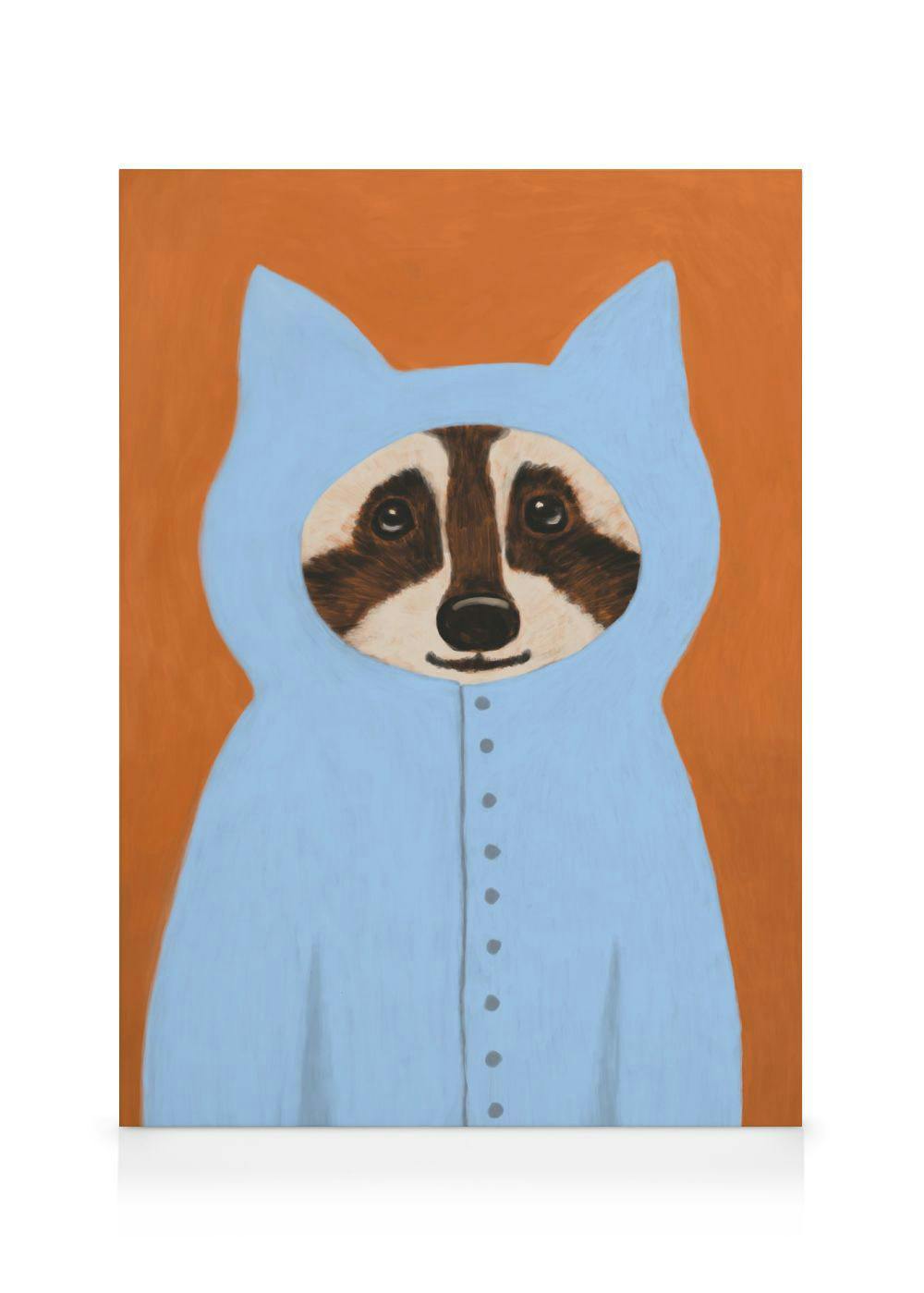 A canvas print featuring a whimsical raccoon in a light blue hooded costume with an orange background.