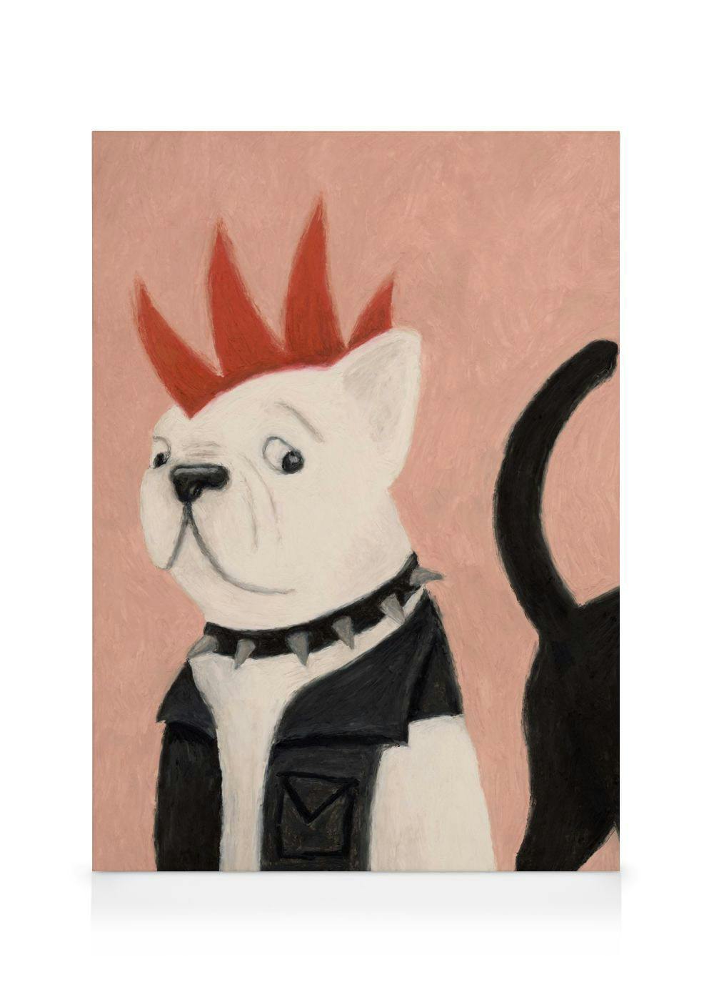 Een canvas met een punk Bulldog met rode hanenkam, gestippelde halsband en zwart leren jasje, naast een zwarte kattenstaart.