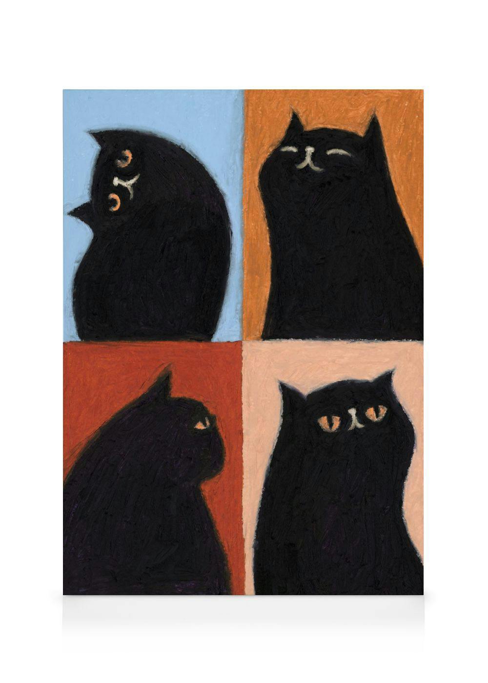 A canvas print featuring four black cats in different poses against colorful backgrounds in a grid.