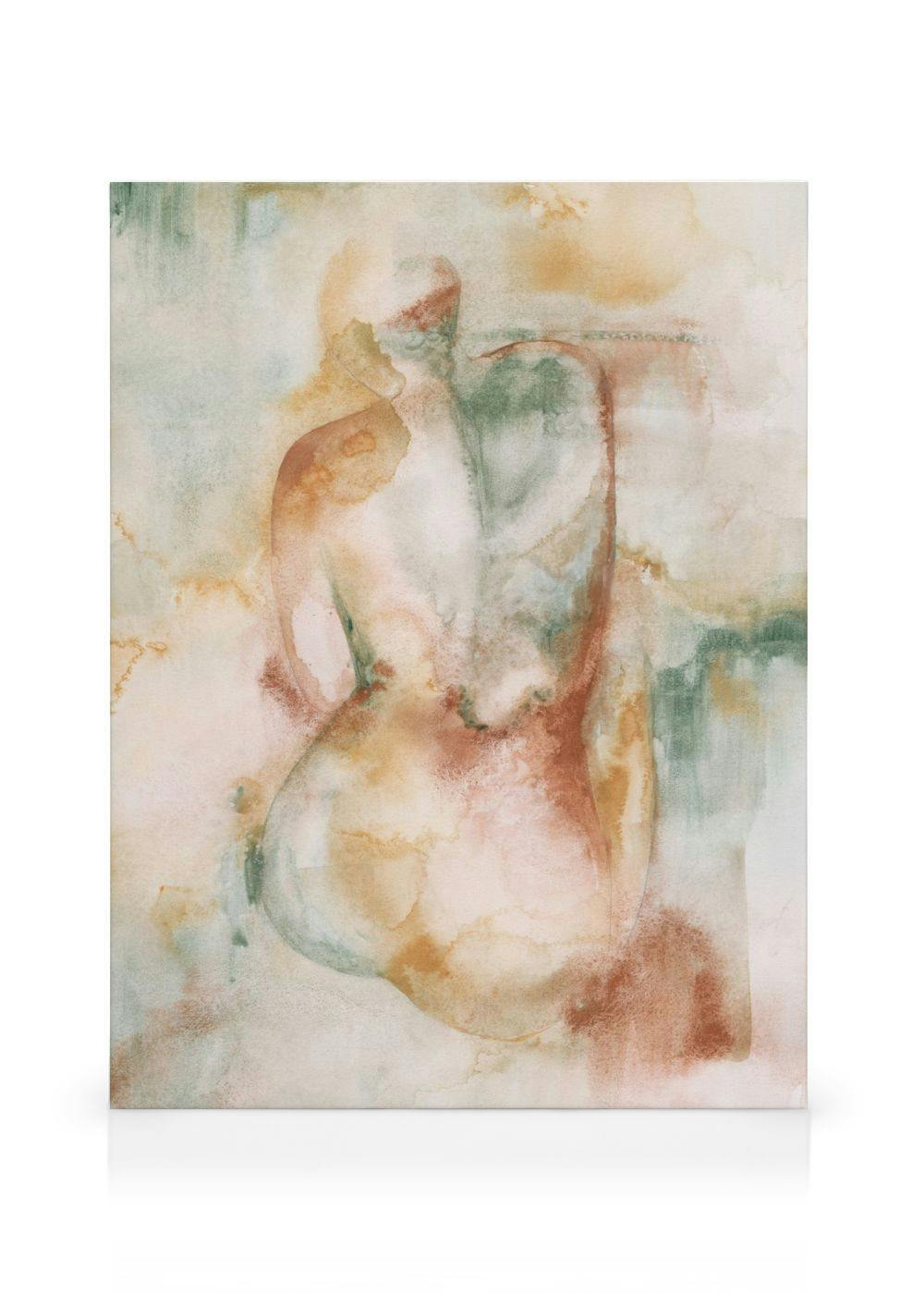 Leinwandbild einer sitzenden Aktfigur in warmen Braun-, Grün- und Beigetönen mit aquatischen Effekten.