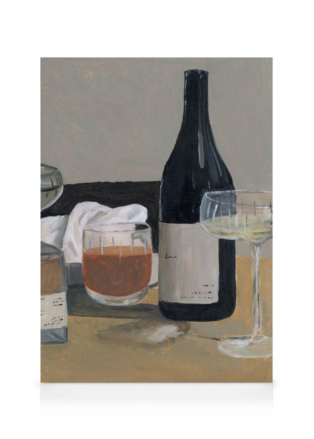 A canvas print featuring a still life painting of a dark wine bottle, two glasses of drinks, and a white cloth on a table.