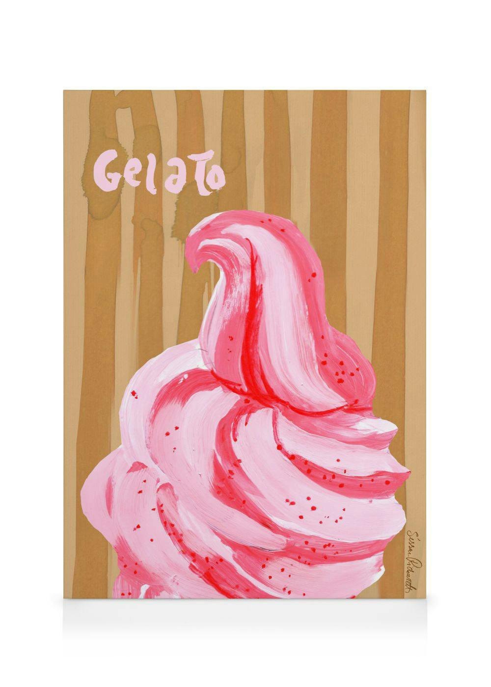 Vaaleanpunainen gelato-jäätelö kanvaasi, jossa on punaisia pilkkuja ja ruskea raidallinen tausta. Ylhäällä teksti Gelato.