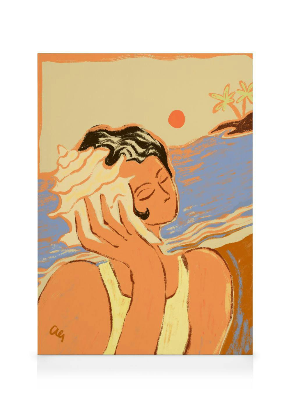 Een canvas met een vrouw die een schelp vasthoudt bij zonsondergang op een tropisch strand.