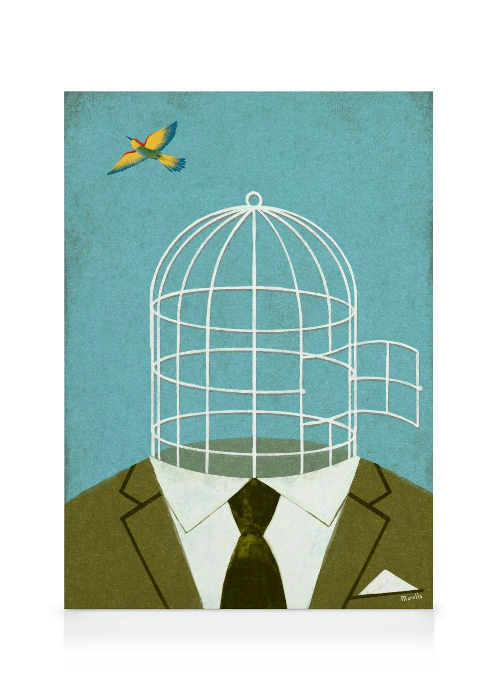 Een canvas met een man in pak met een vogelkooi als hoofd en een vogel die wegvliegt.