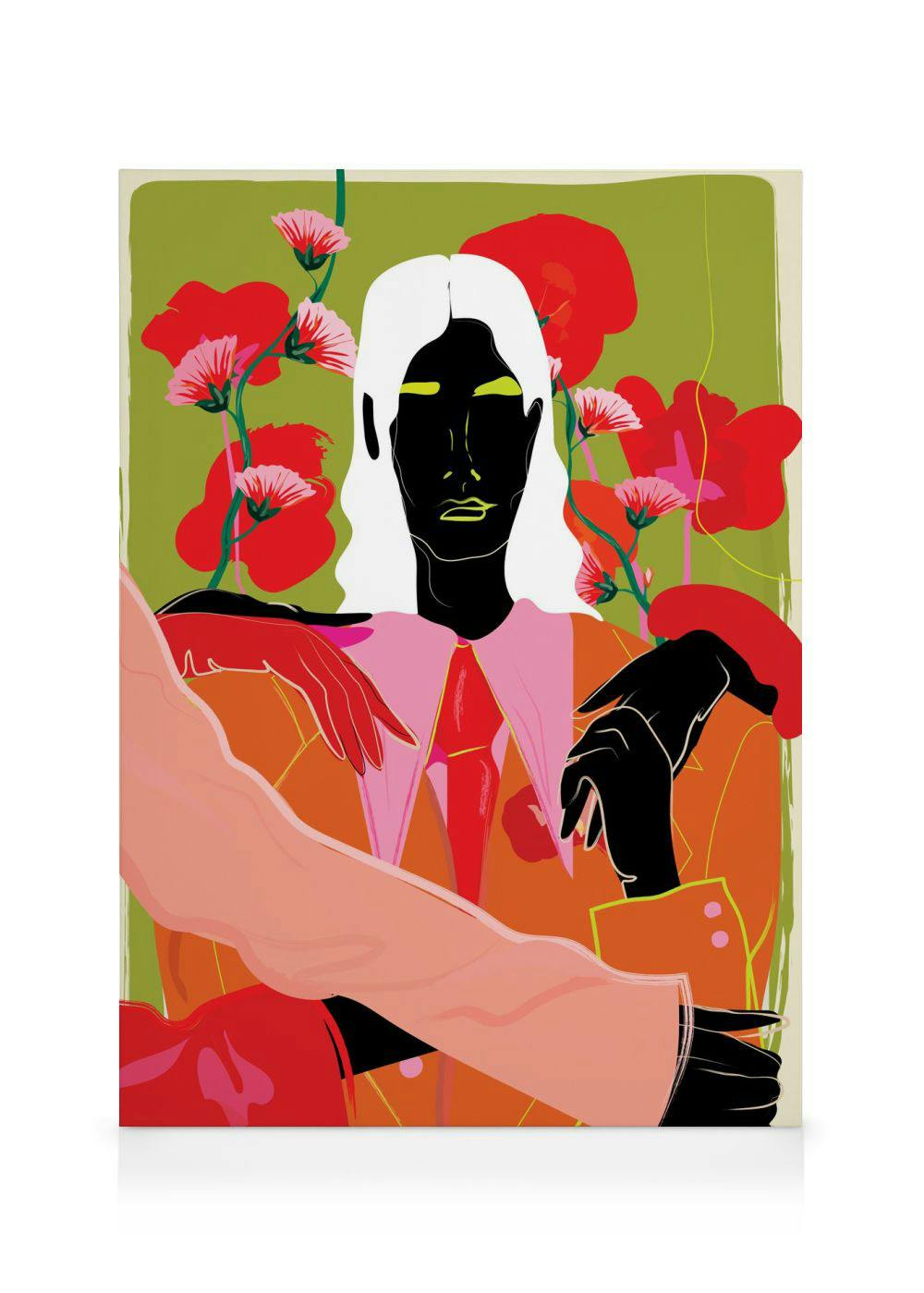 Stijlvol canvas met een persoon met wit haar, zwarte huid en gele ogen, gekleed in een oranje jasje met roze stropdas, omringd d