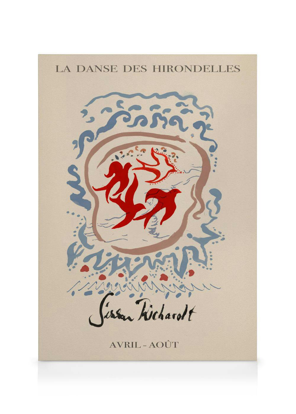 Toile La Danse des Hirondelles avec des hirondelles rouges stylisées et des motifs abstraits bleus et bruns.