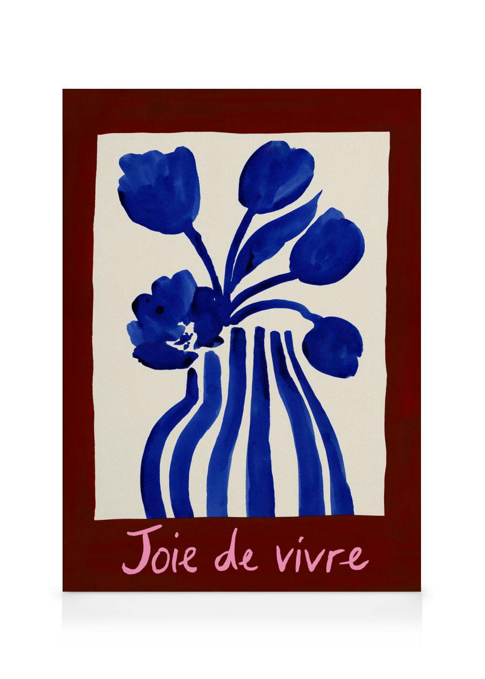 A canvas print with a blue floral vase illustration on a cream background, surrounded by a red border with Joie de vivre in pink