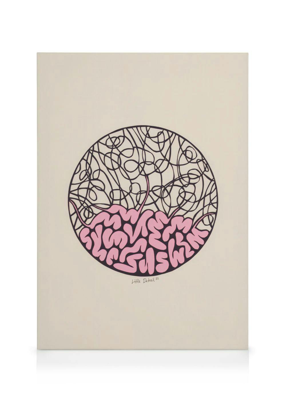 Een canvas met een cirkel bestaande uit kronkelende zwarte lijnen en roze organische vormen, op een lichte achtergrond.