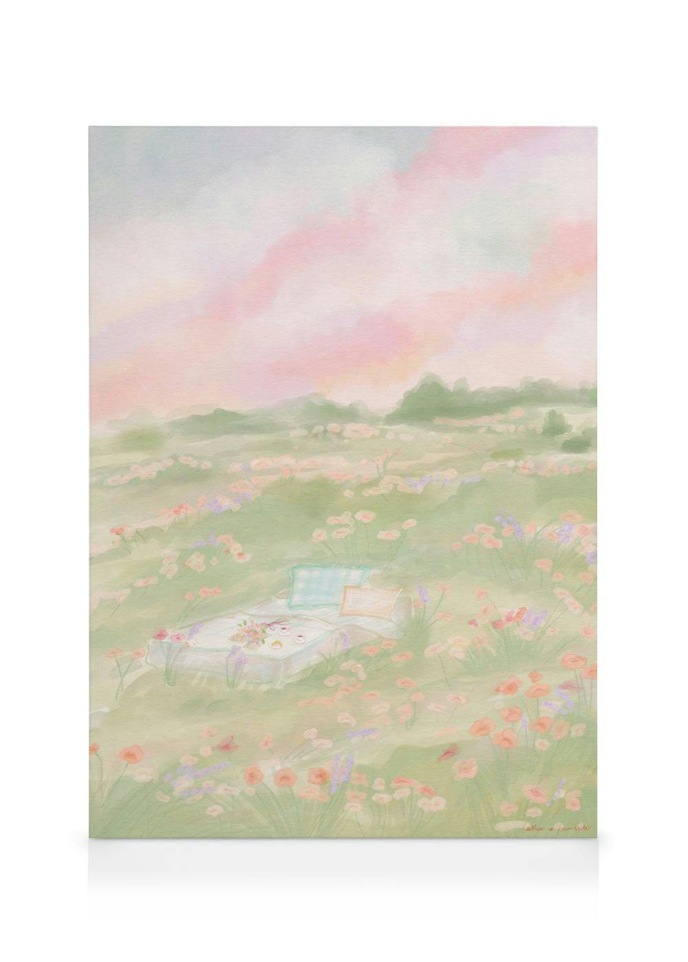 Lienzo de un campo de flores silvestres con una mesa de picnic, un cielo rosa pastel y verde tenue.