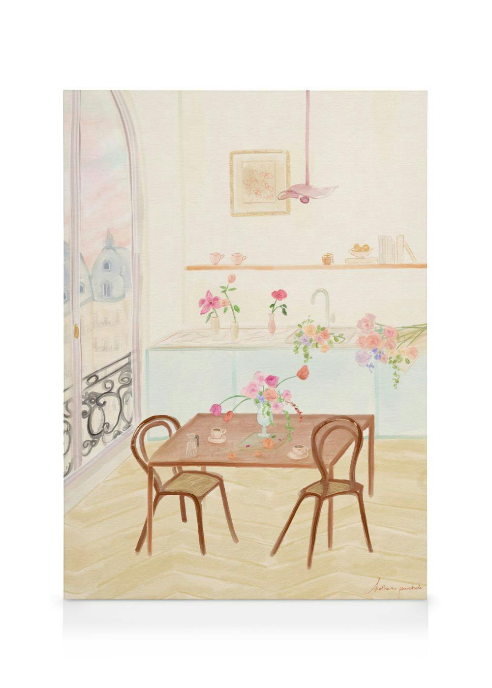 A charming canvas print of a Parisian apartment interior with a dining table, flowers, and a balcony view.
