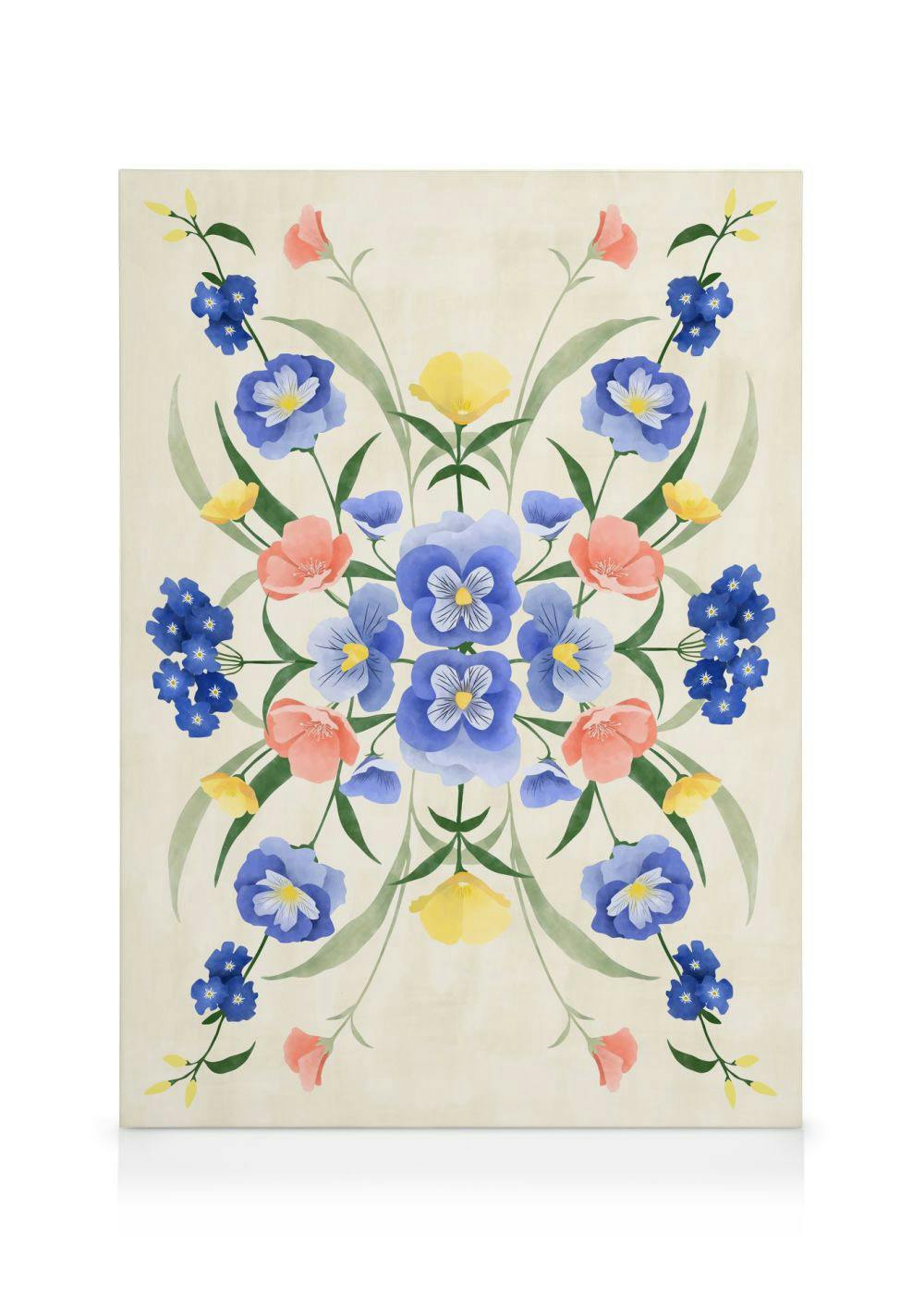 Canvas met symmetrisch bloemenpatroon van paarse, blauwe, roze en gele bloemen op een lichte achtergrond.