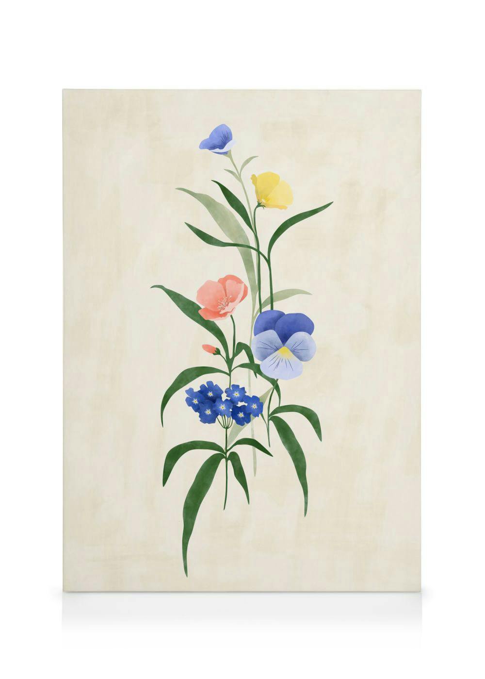 Een canvas met een botanische print van kleurrijke bloemen: een blauwe, gele, roze en paarse bloem, en een trosje blauwe vergeet