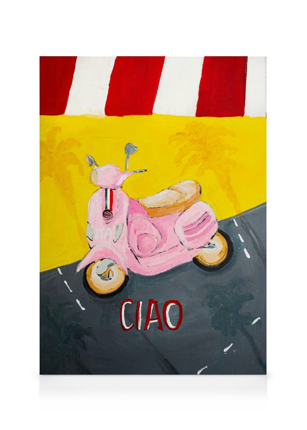 Een canvas met een roze scooter op een weg, met palmbomen en een rood-wit gestreepte zonneluifel, en het woord CIAO.
