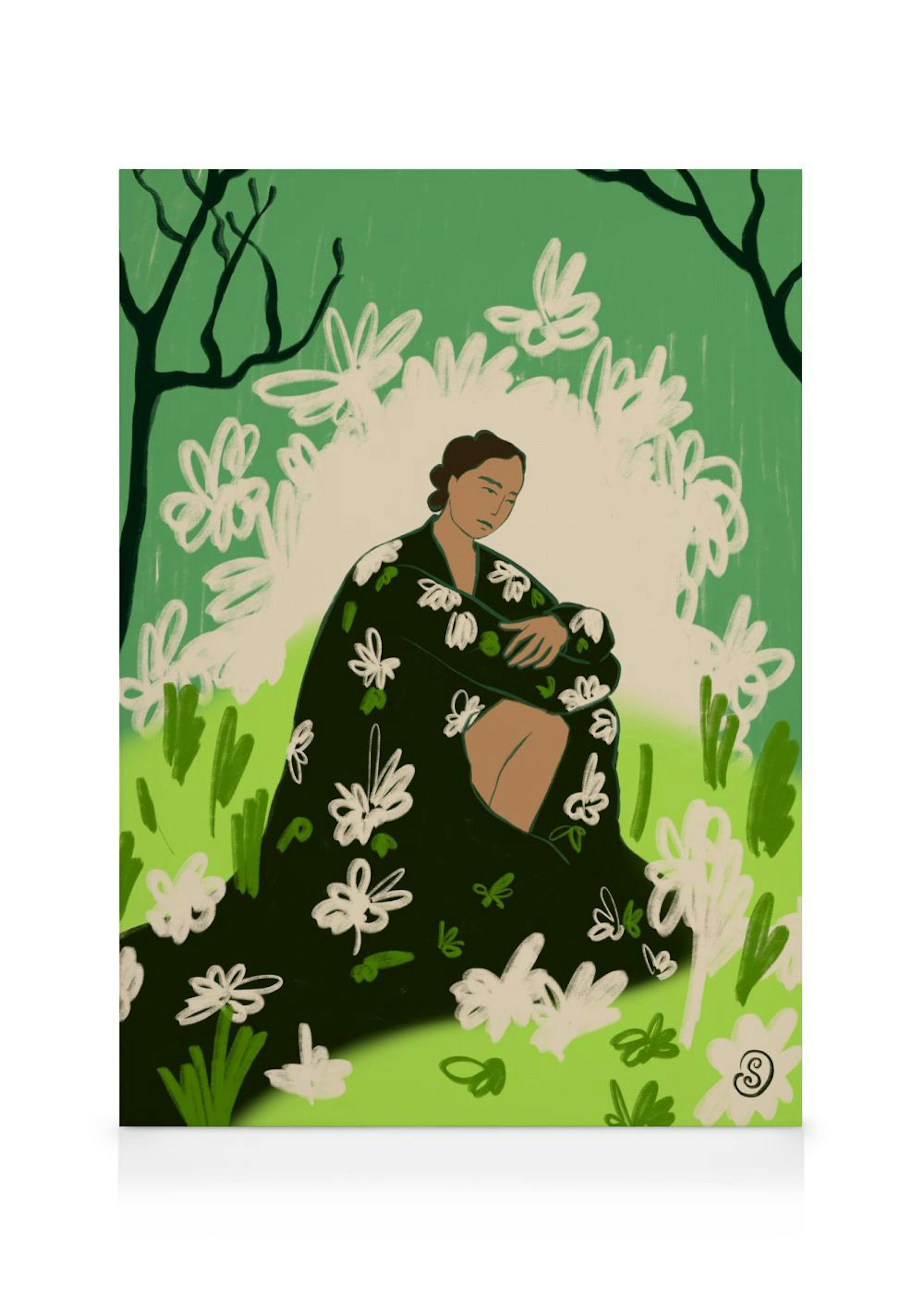 A woman in a dark green floral dress kneeling in a field of green foliage and white flowers, hanging in a minimalist living room