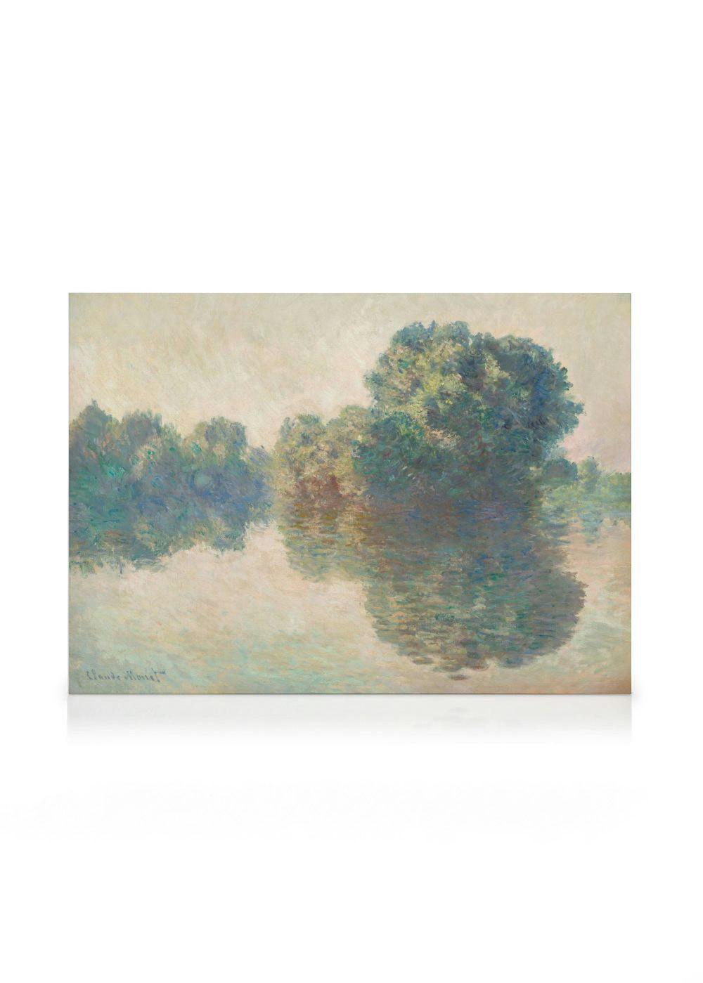 Monet Leinwanddruck: Die Seine bei Giverny, Impressionismus Flusslandschaft mit Bäumen im Nebel, helles Licht.