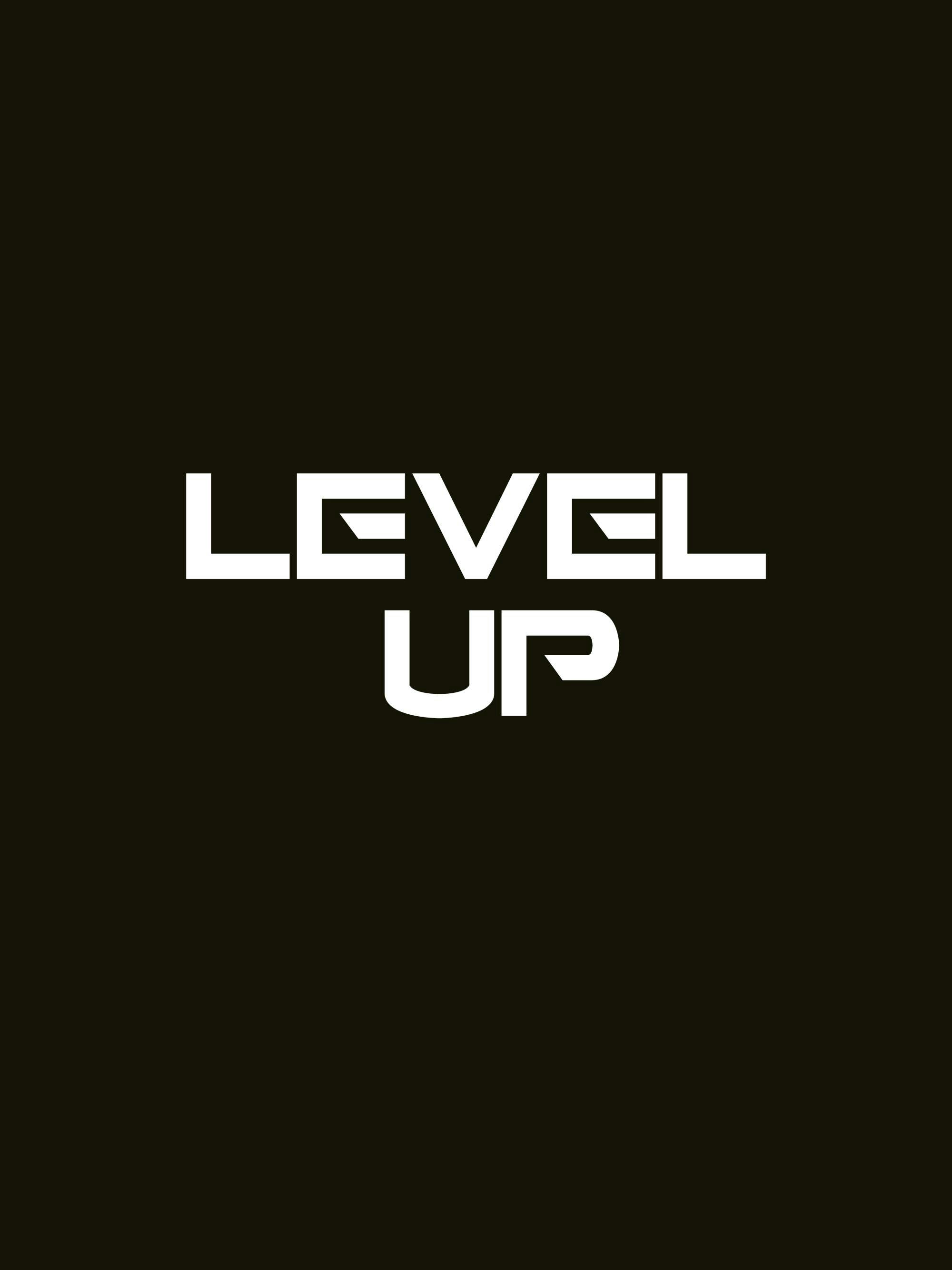 Affiche noir et blanc avec le texte Level Up, typographie géométrique blanche sur fond noir. Affiche de citation.