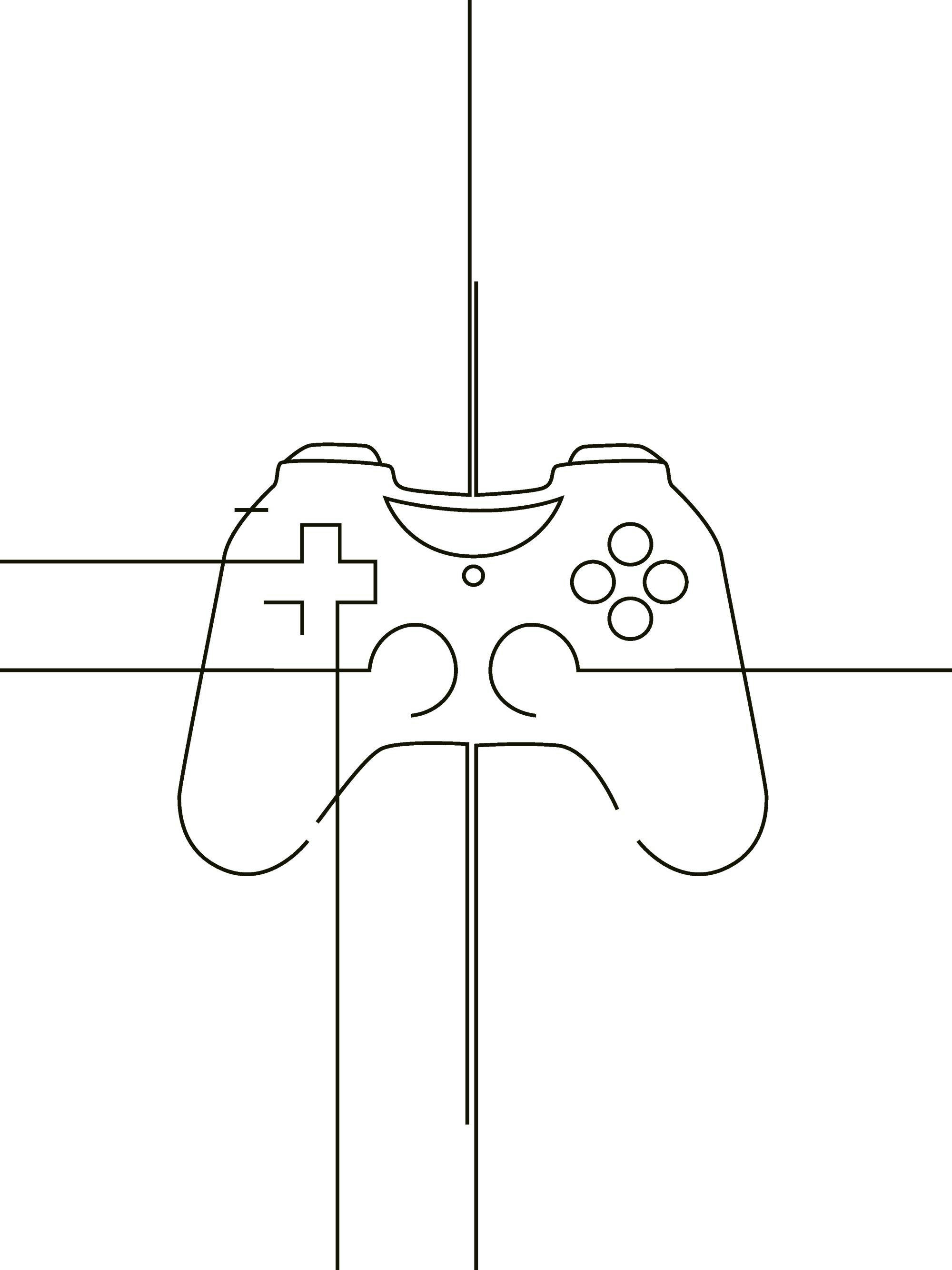 Line-art illustratie van een gamecontroller in zwarte lijnen op een witte achtergrond, perfect voor gamers.
