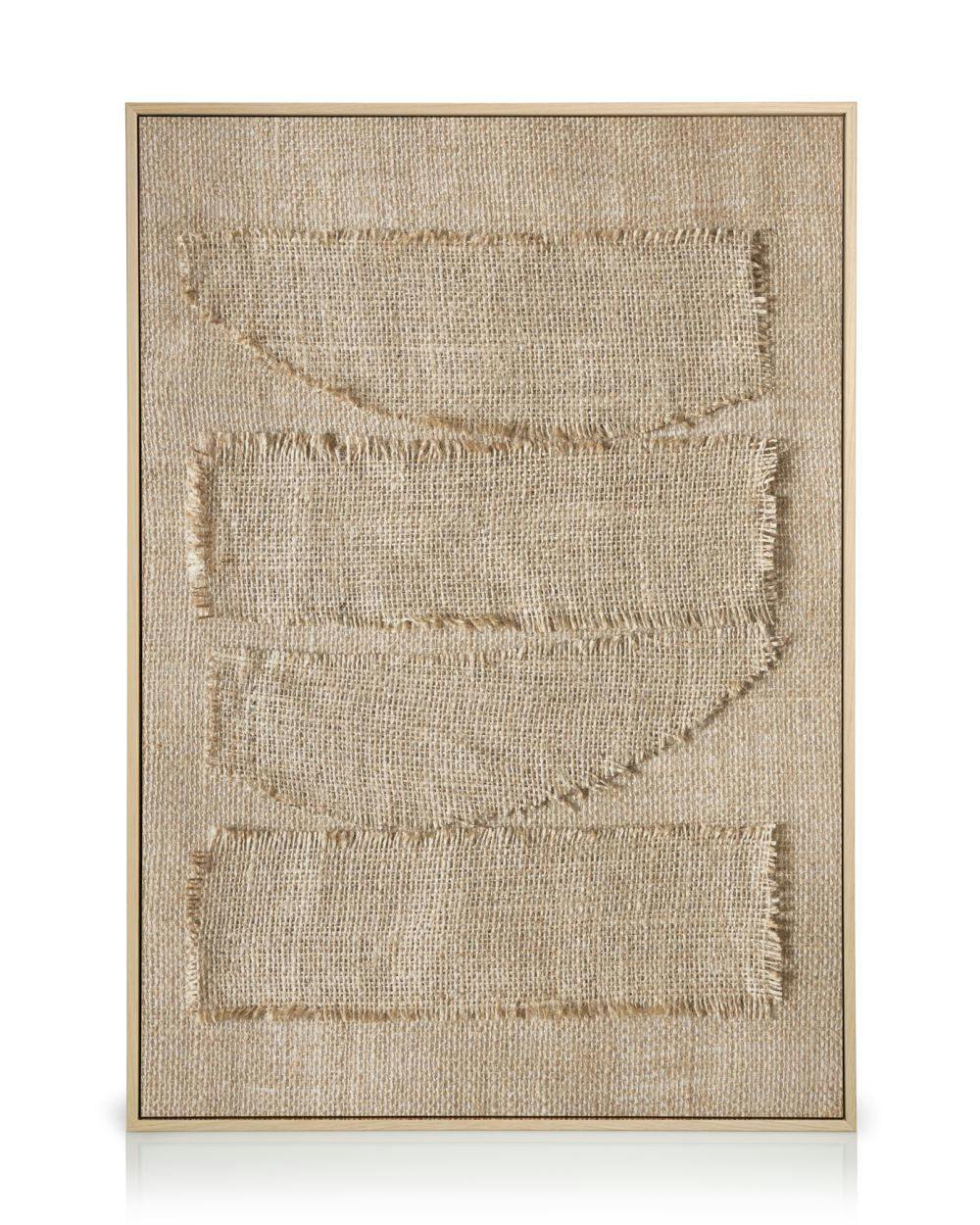 Textur av juteväv med fransiga rektangulära former, naturfärgad, rustik kanvastavla.