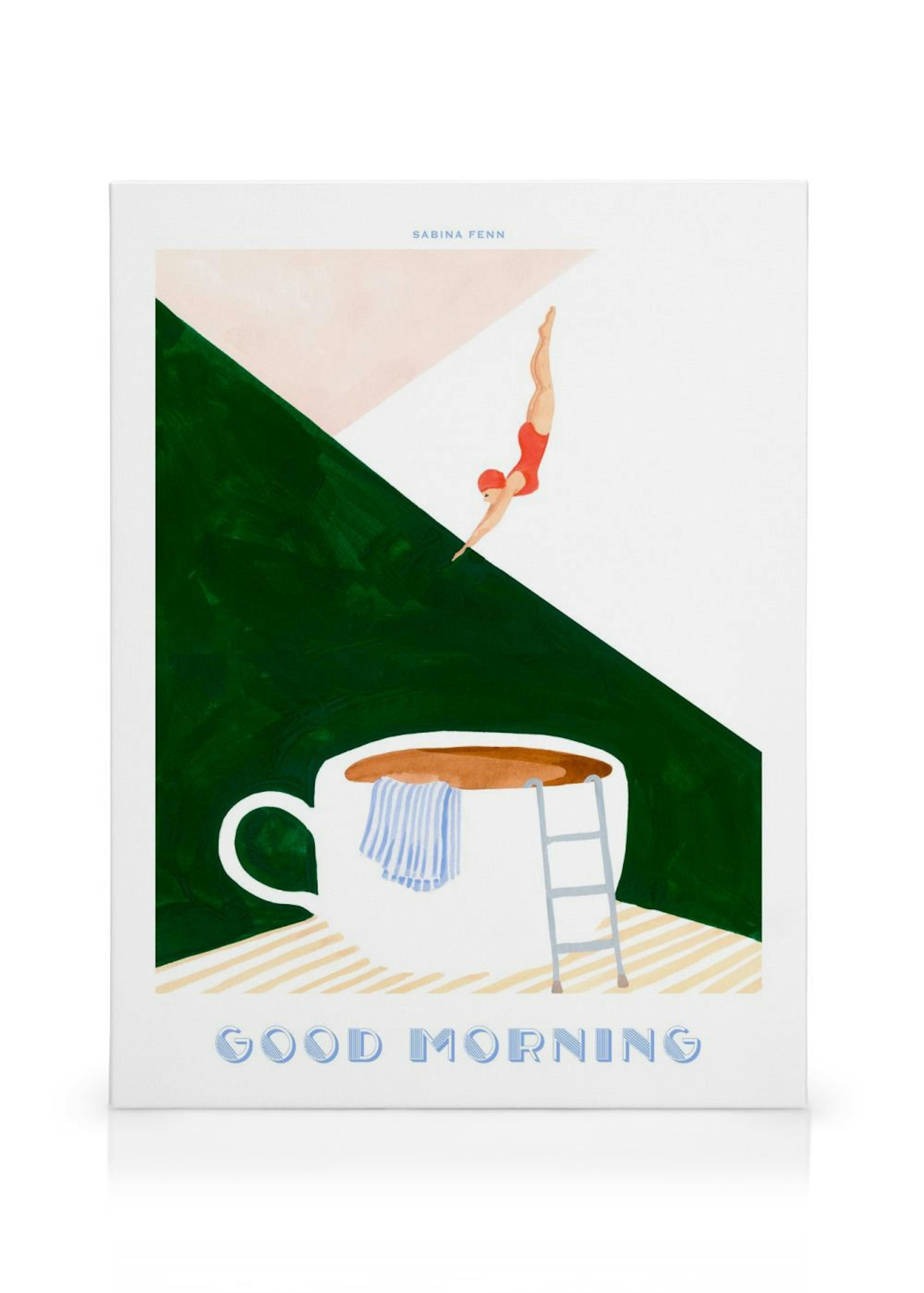 Leinwandbild mit einer Person im roten Badeanzug, die in eine Tasse Kaffee springt. Eine Leiter und gestreifte Handtücher sind z