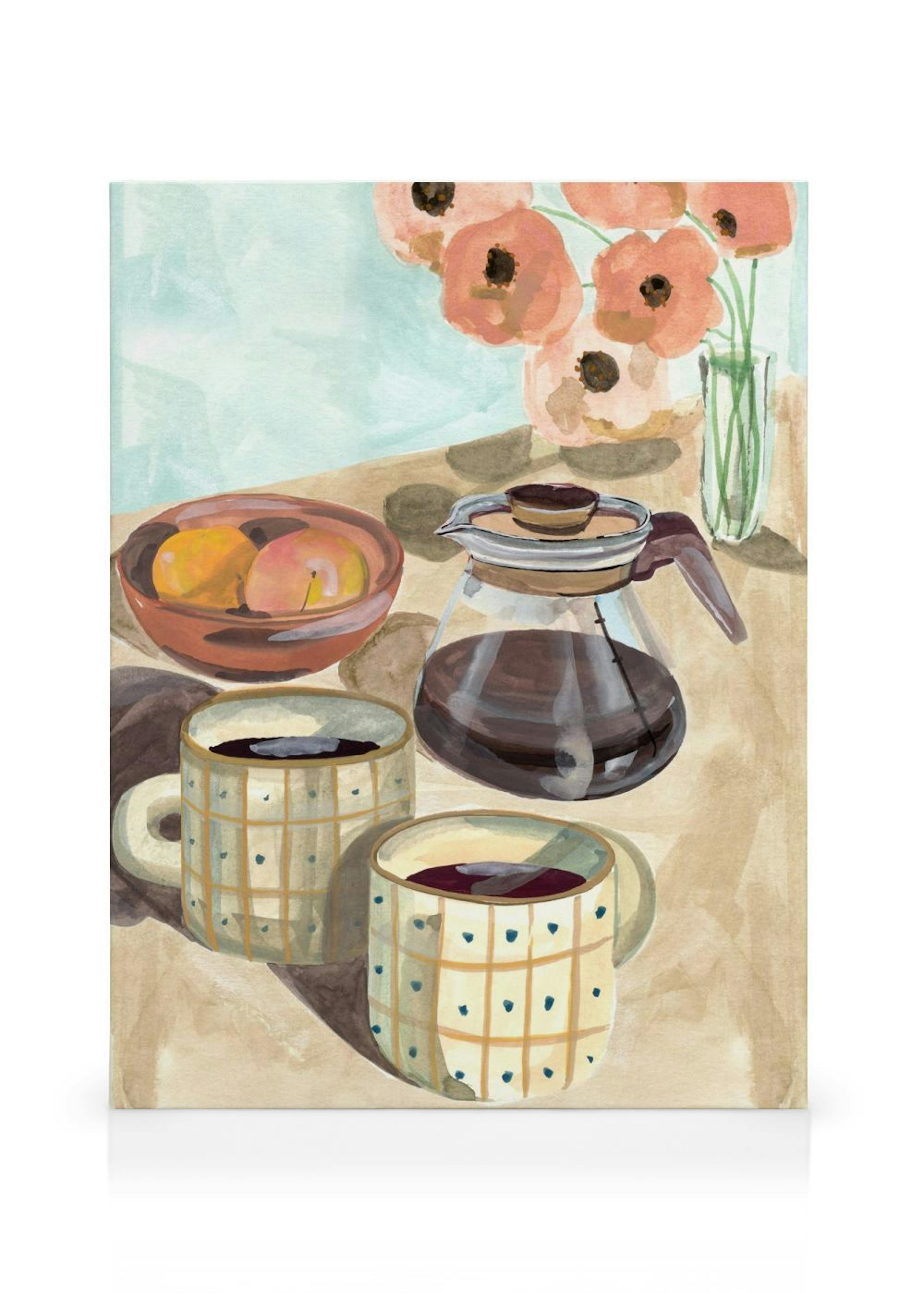 Leinwandbild mit Aquarellmalerei eines Frühstückstisches: Teekanne, Tassen, Obstschale und Pfingstrosen.