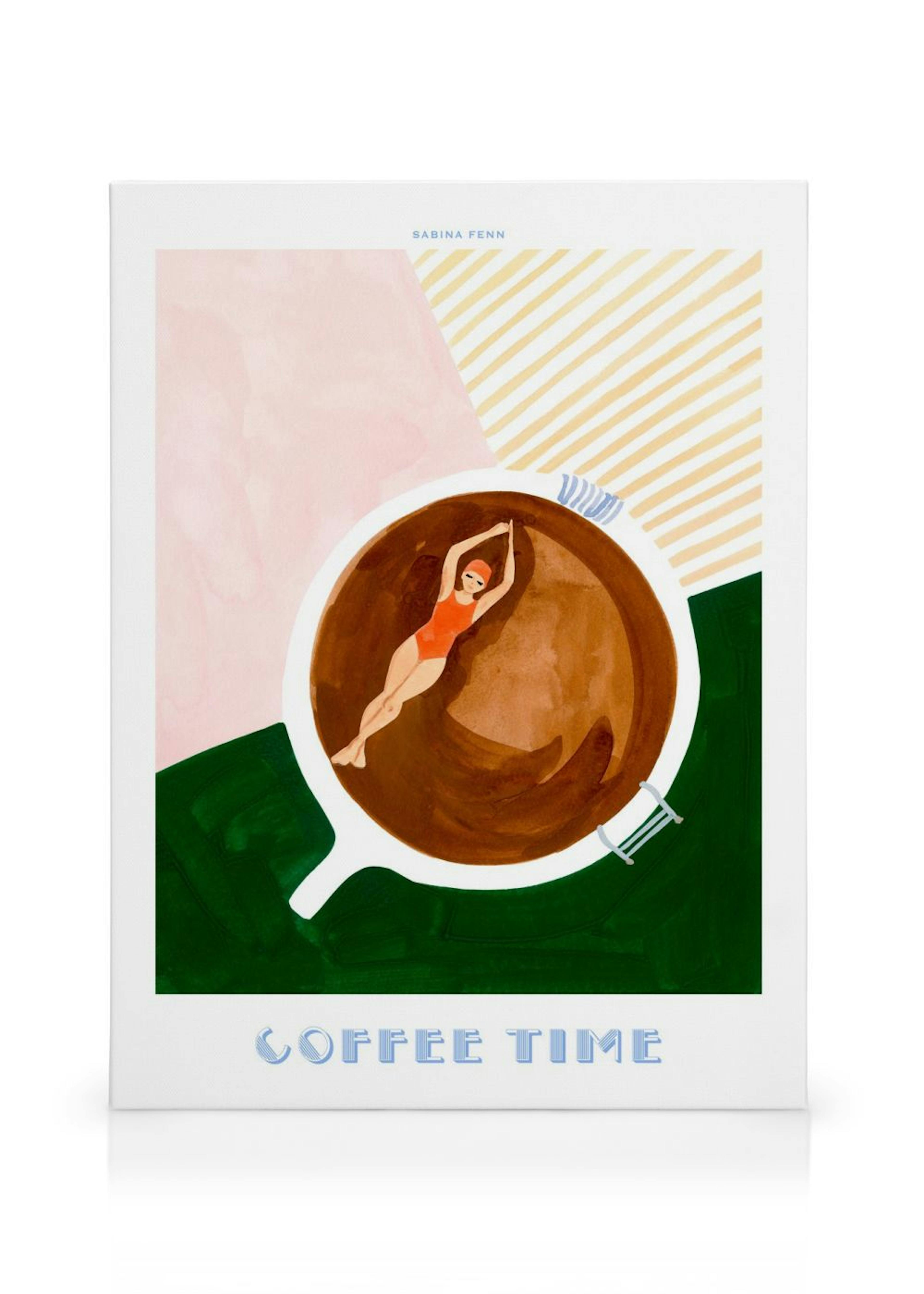 Leinwandbild mit Frau im Badeanzug, die in einer Kaffeetasse schwimmt, umgeben von Pastellfarben. Signiert Sabina Fenn, mit Coff