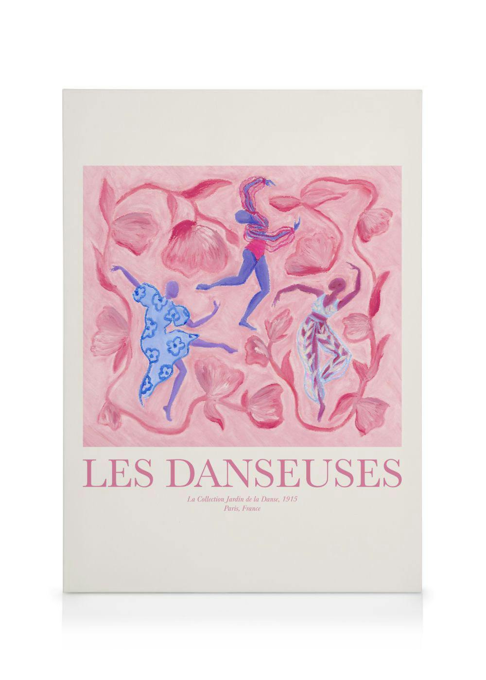 A canvas print featuring three dancers in purple and blue, against a pink background with stylized flowers and foliage.