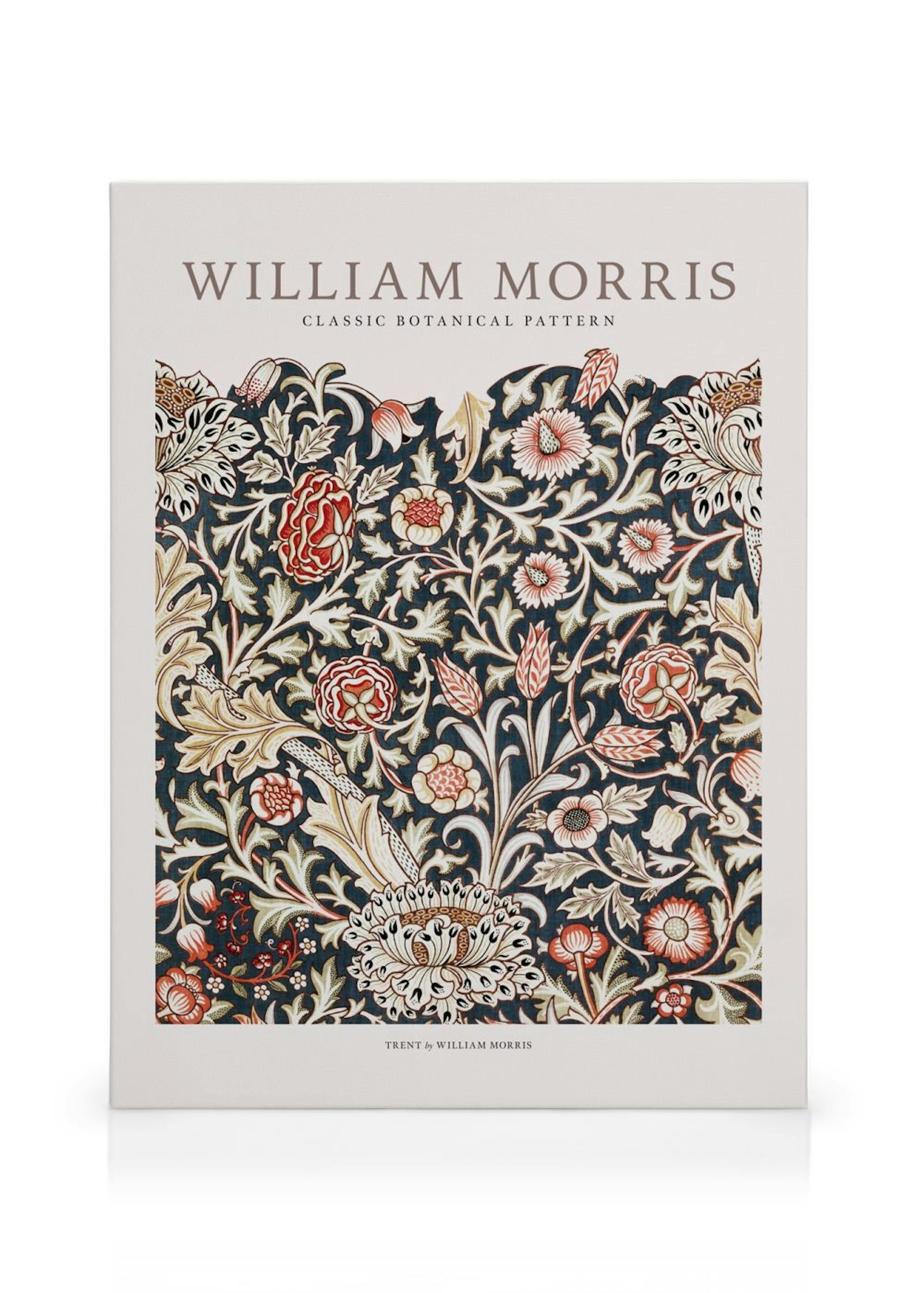 Leinwandbild mit klassischem William Morris Blumenmuster in Rot, Beige und Dunkelblau.