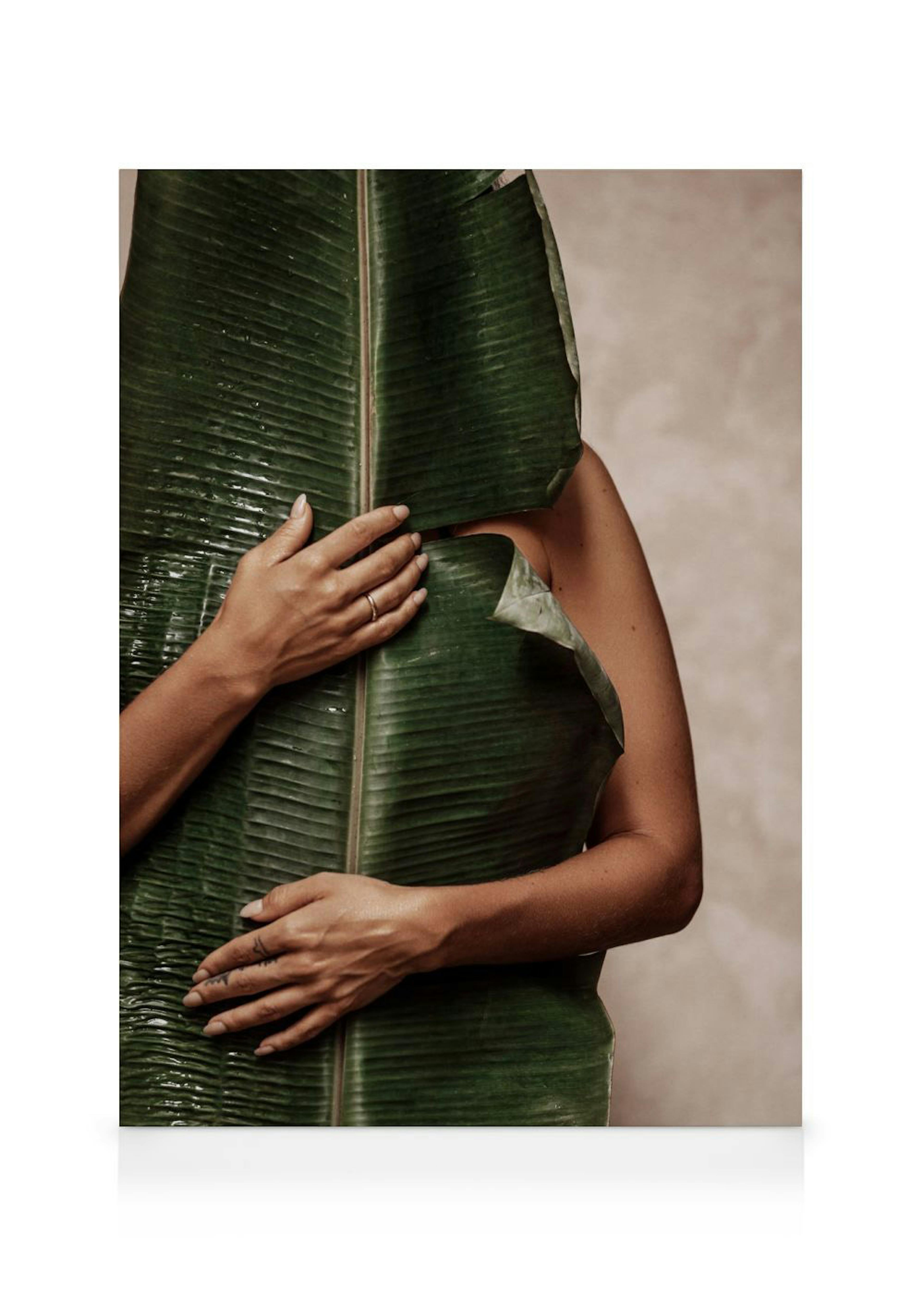 Canvas met een close-up van een persoon die een groot groen bananenblad vasthoudt, met alleen de armen en het blad zichtbaar.