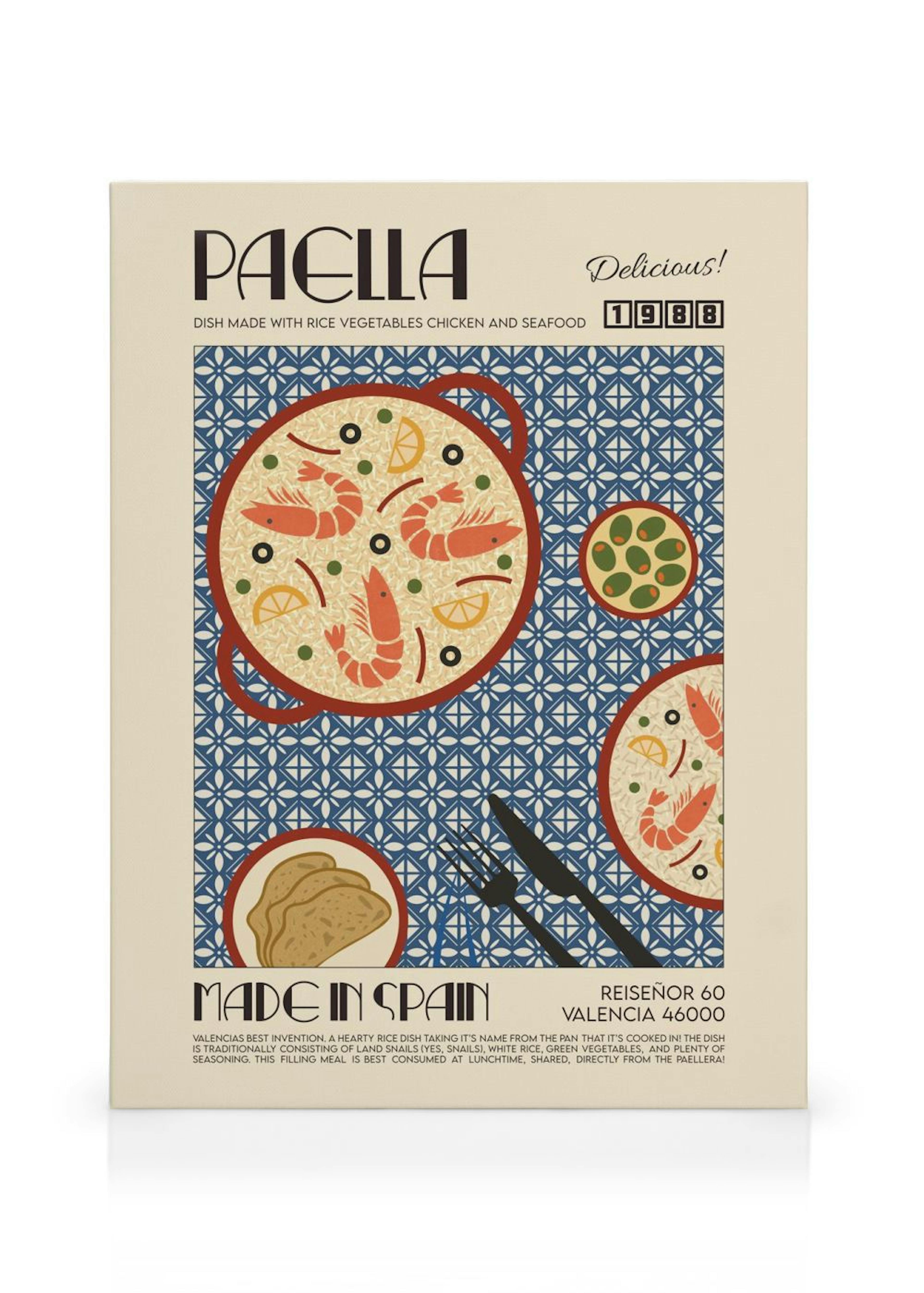 Leinwandbild im Retro-Stil mit Paella-Motiv, auf hellbeigem Hintergrund, blauen Mustern und Text.