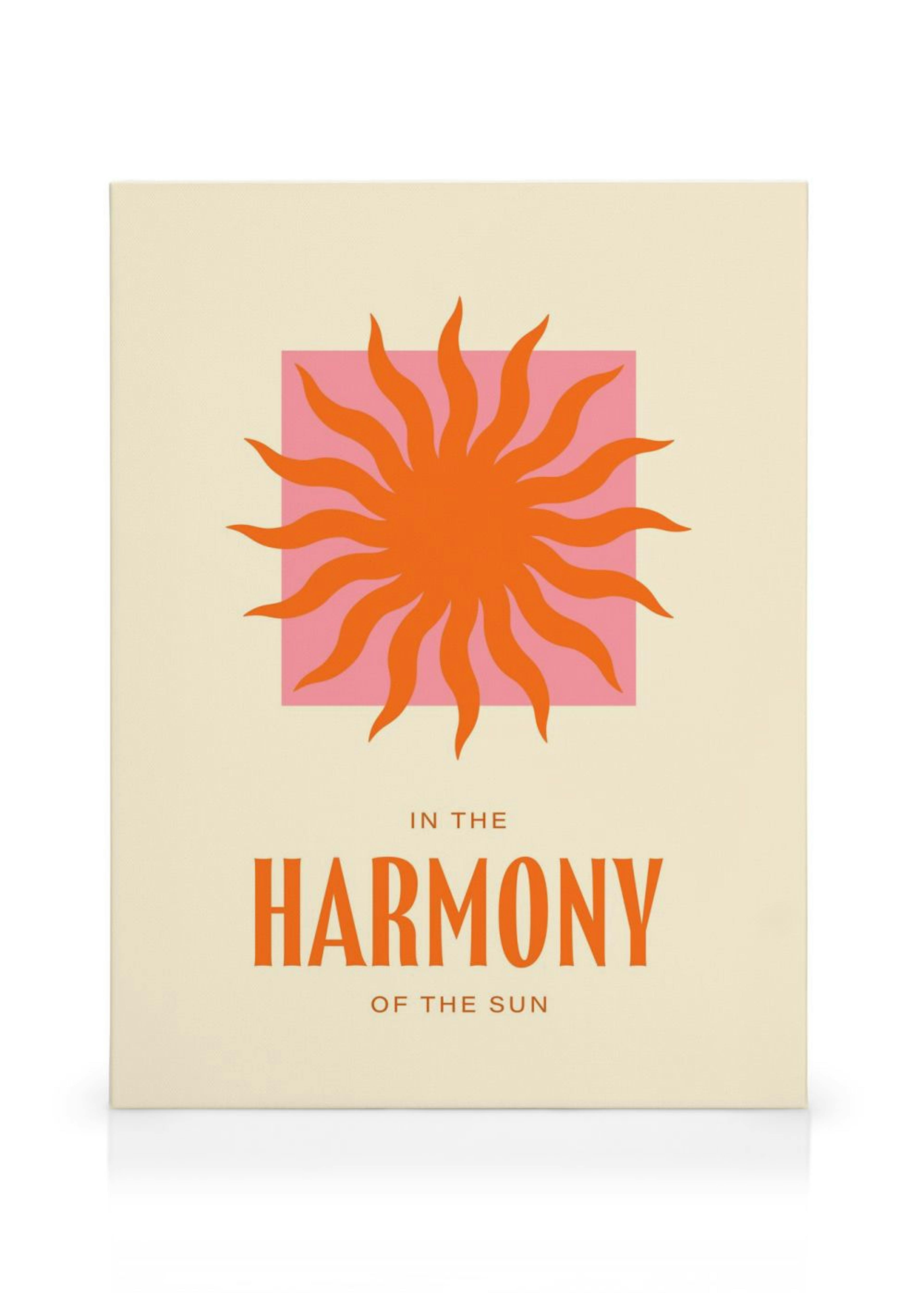 Leinwandbild mit einer orangefarbenen Sonne auf rosa Quadrat und dem Schriftzug IN THE HARMONY OF THE SUN.