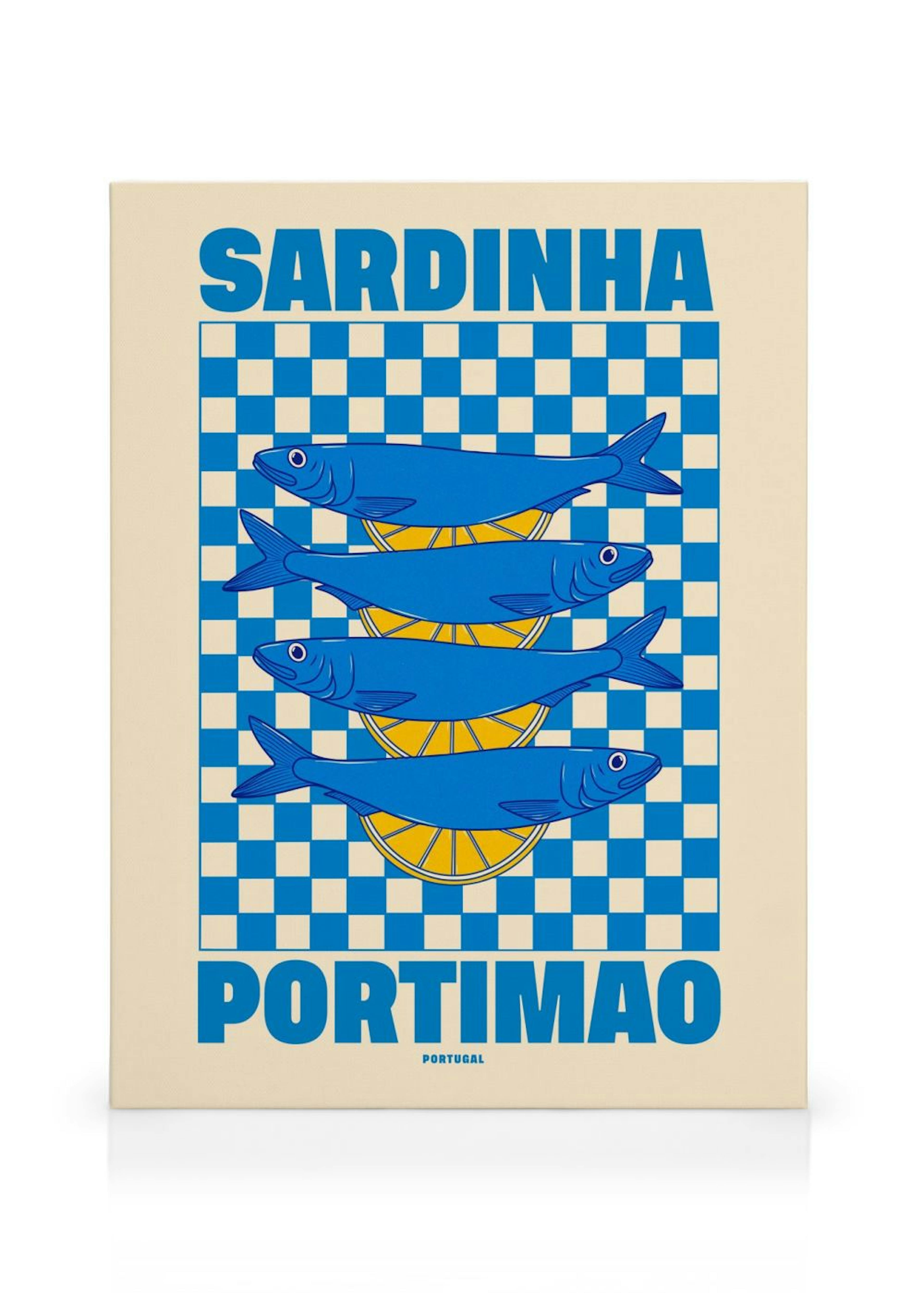 Leinwandbild mit blauen Sardinen auf gelben Zitronenscheiben vor einem blau-beigen Schachbrettmuster. Text: Sardinha Portimao.