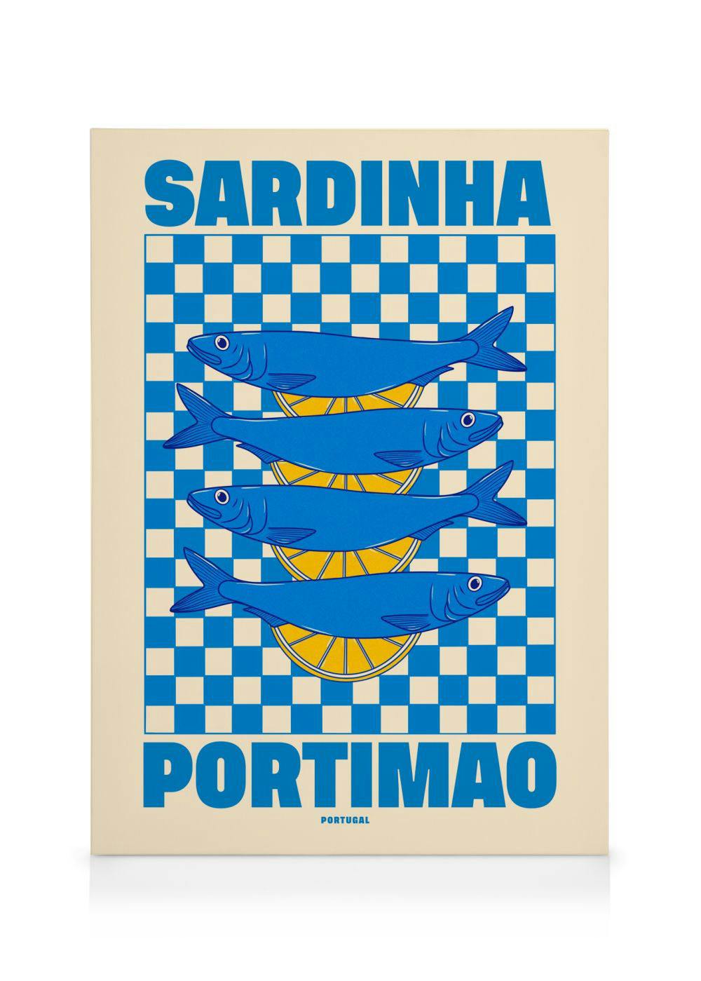 Leinwandbild mit vier blauen Sardinen auf gelben Zitronenscheiben, über blau-weißem Schachbrettmuster und SARDINHA PORTIMAO Schr