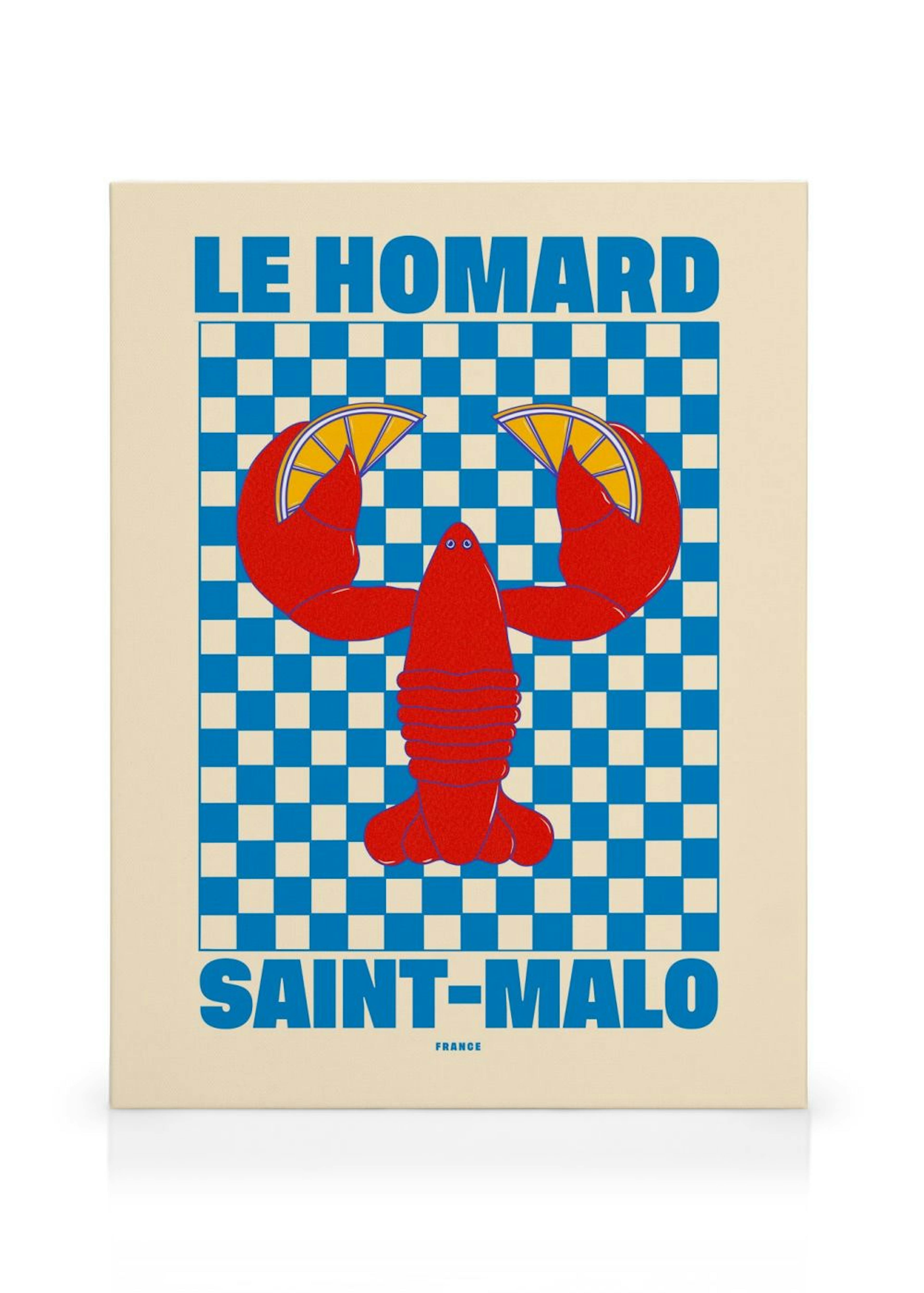 Leinwandbild mit rotem Hummer auf blau-weiß kariertem Hintergrund und Le Homard Saint-Malo Schriftzug.