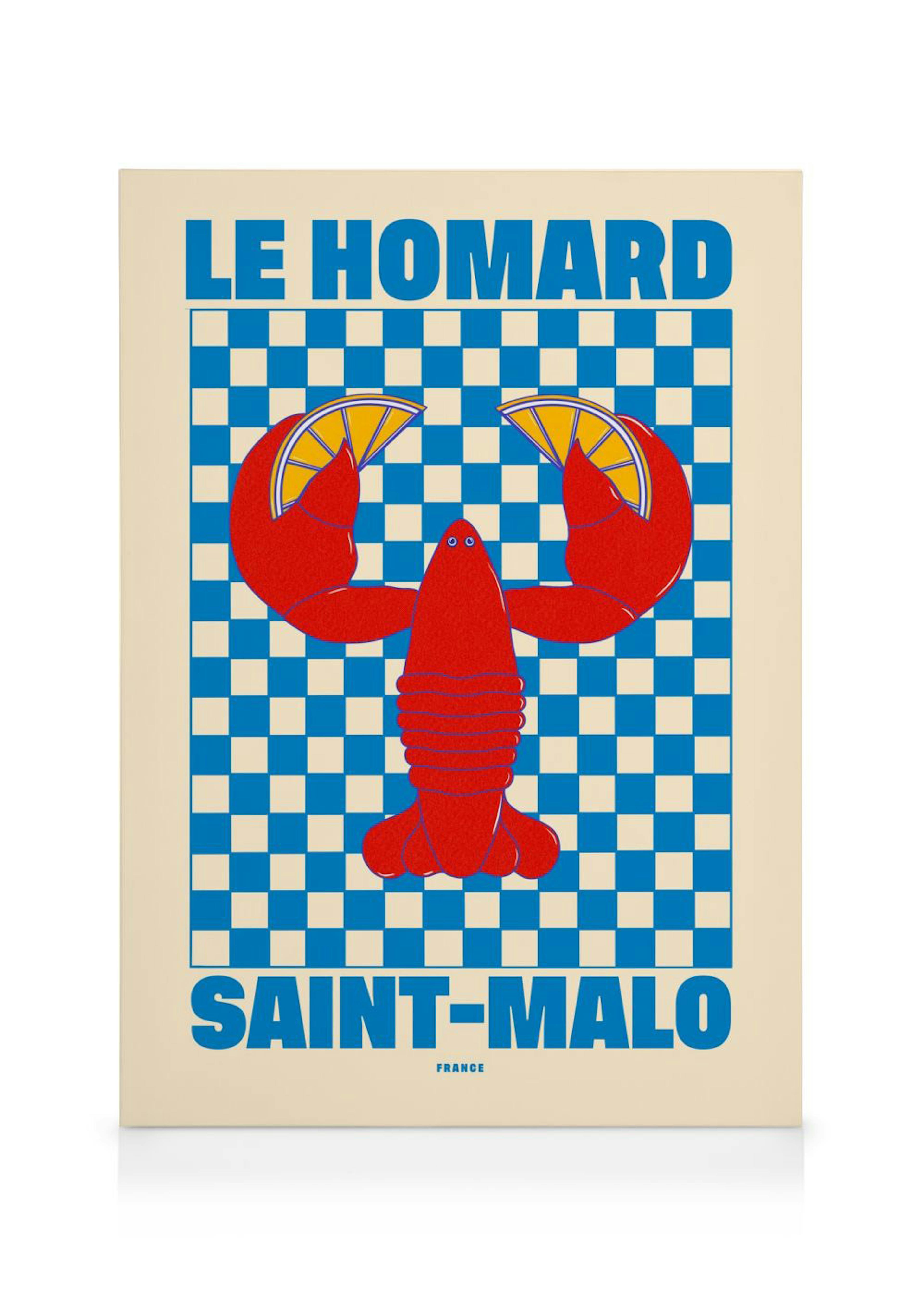 A canvas print featuring a vibrant red lobster holding lemon wedges on a blue and white checkered background, with LE HOMARD SAI