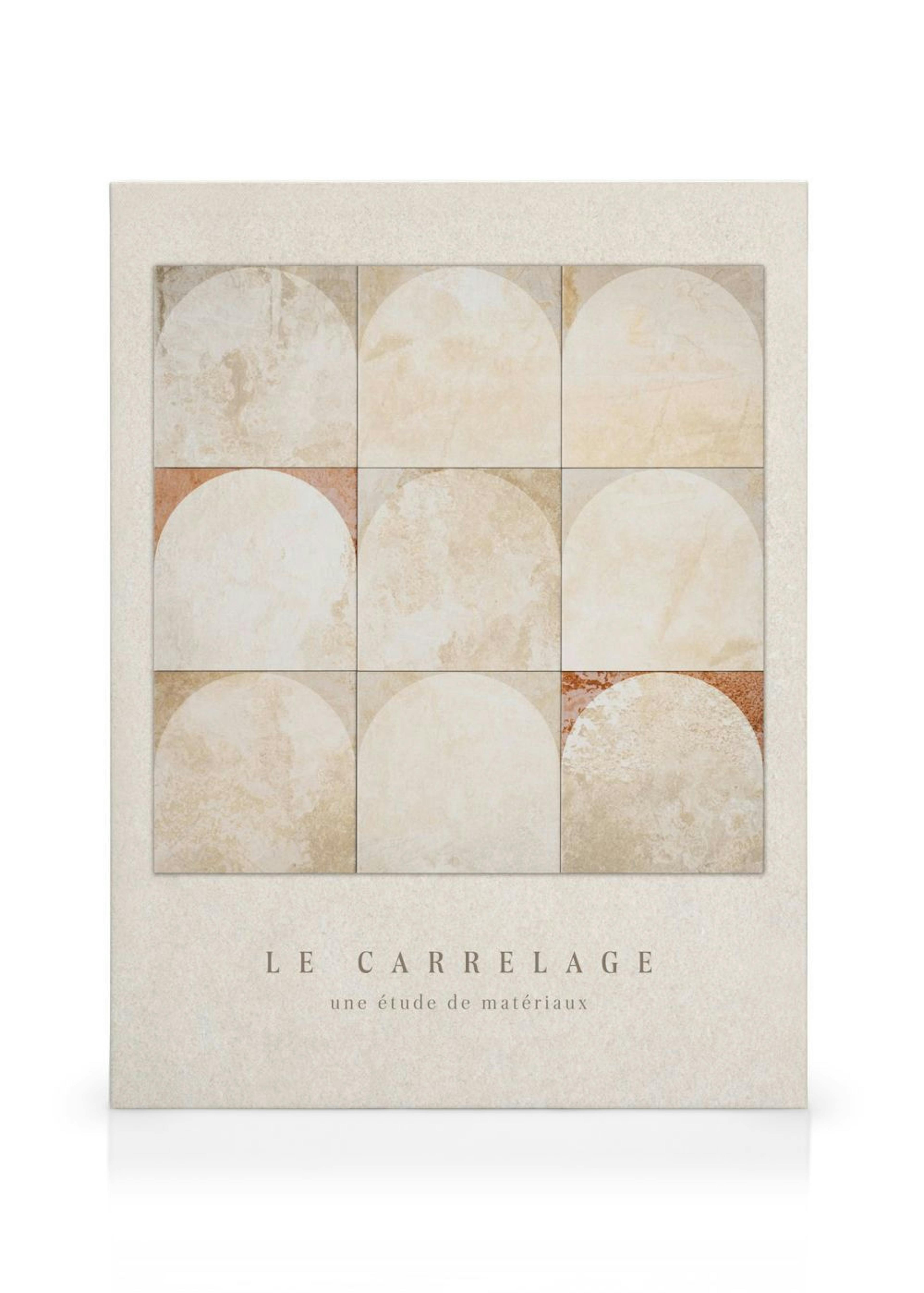 Leinwandbild mit neun quadratischen Kacheln in Beige- und Brauntönen, die halbrunde Formen bilden. Text: LE CARRELAGE une étude 
