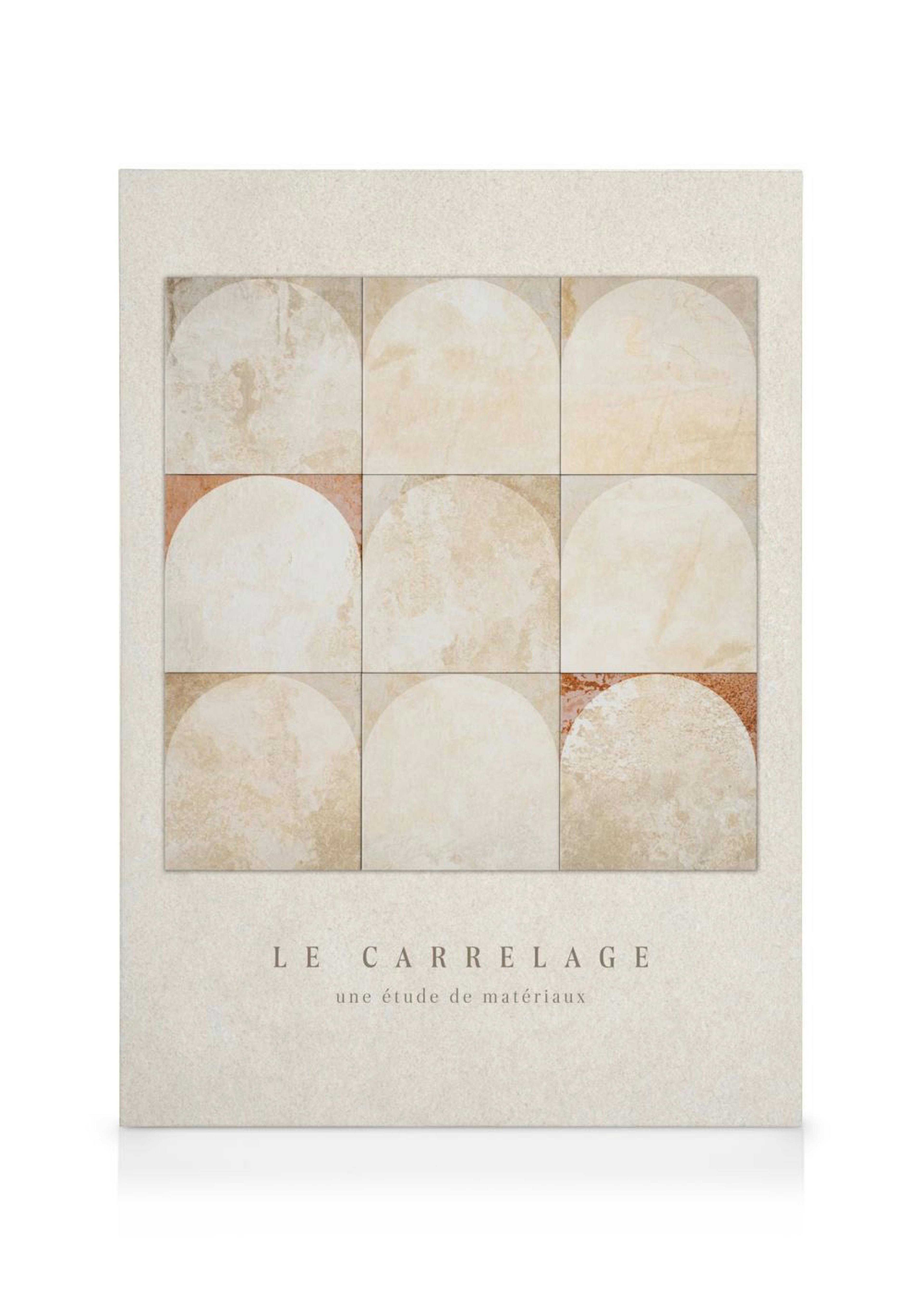 A canvas print featuring a grid of nine light-colored tiles with arched cutouts and some rust-colored accents.