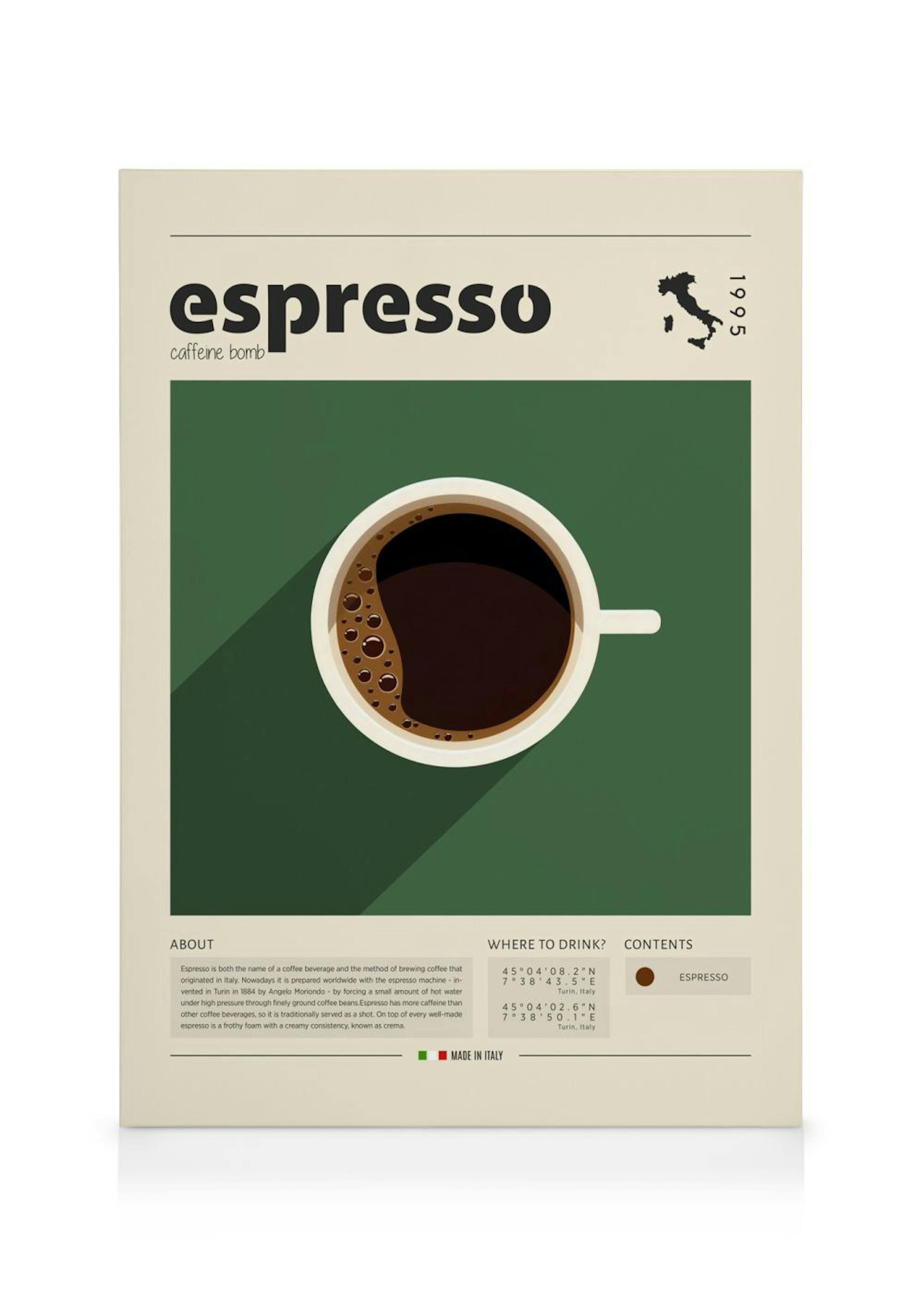 Stampa su tela con grafica di una tazza di caffè espresso su sfondo verde, testo e mappa dellItalia.