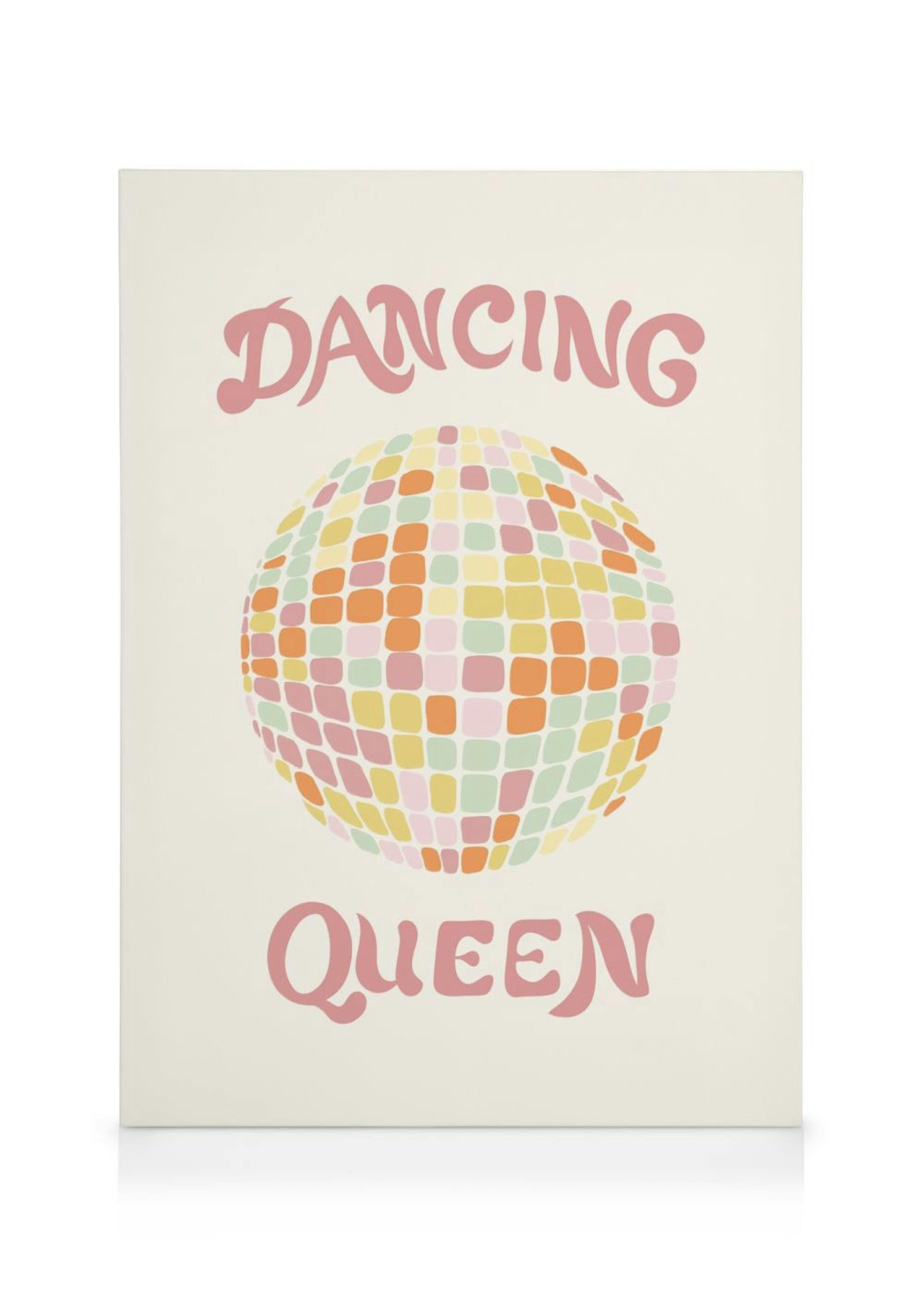 A canvas print featuring a colorful disco ball and the words Dancing Queen in pink, on a light background.