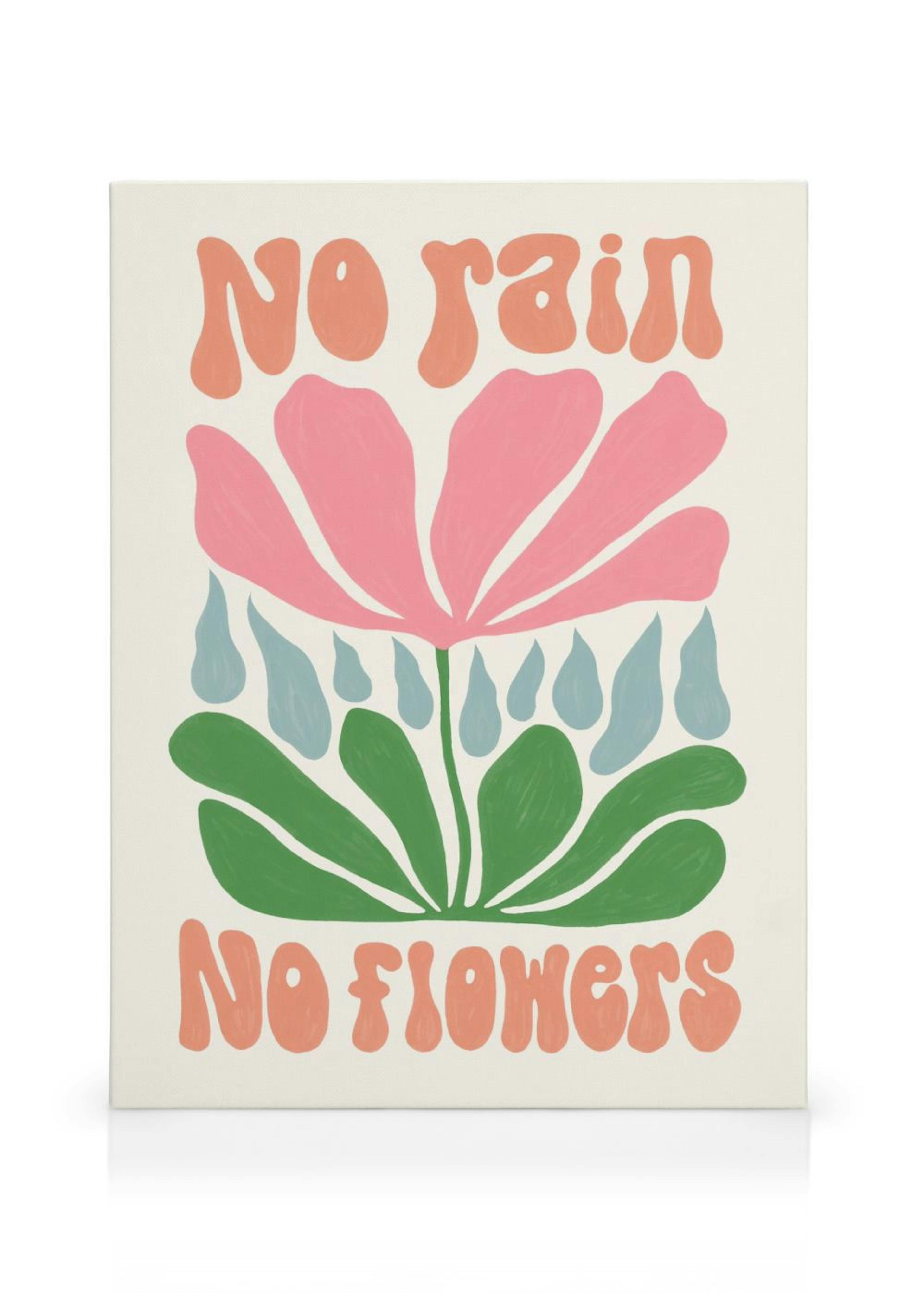 Leinwandbild mit rosa Blume, grünen Blättern und blauen Regentropfen, dazu orange Schrift No rain no flowers.