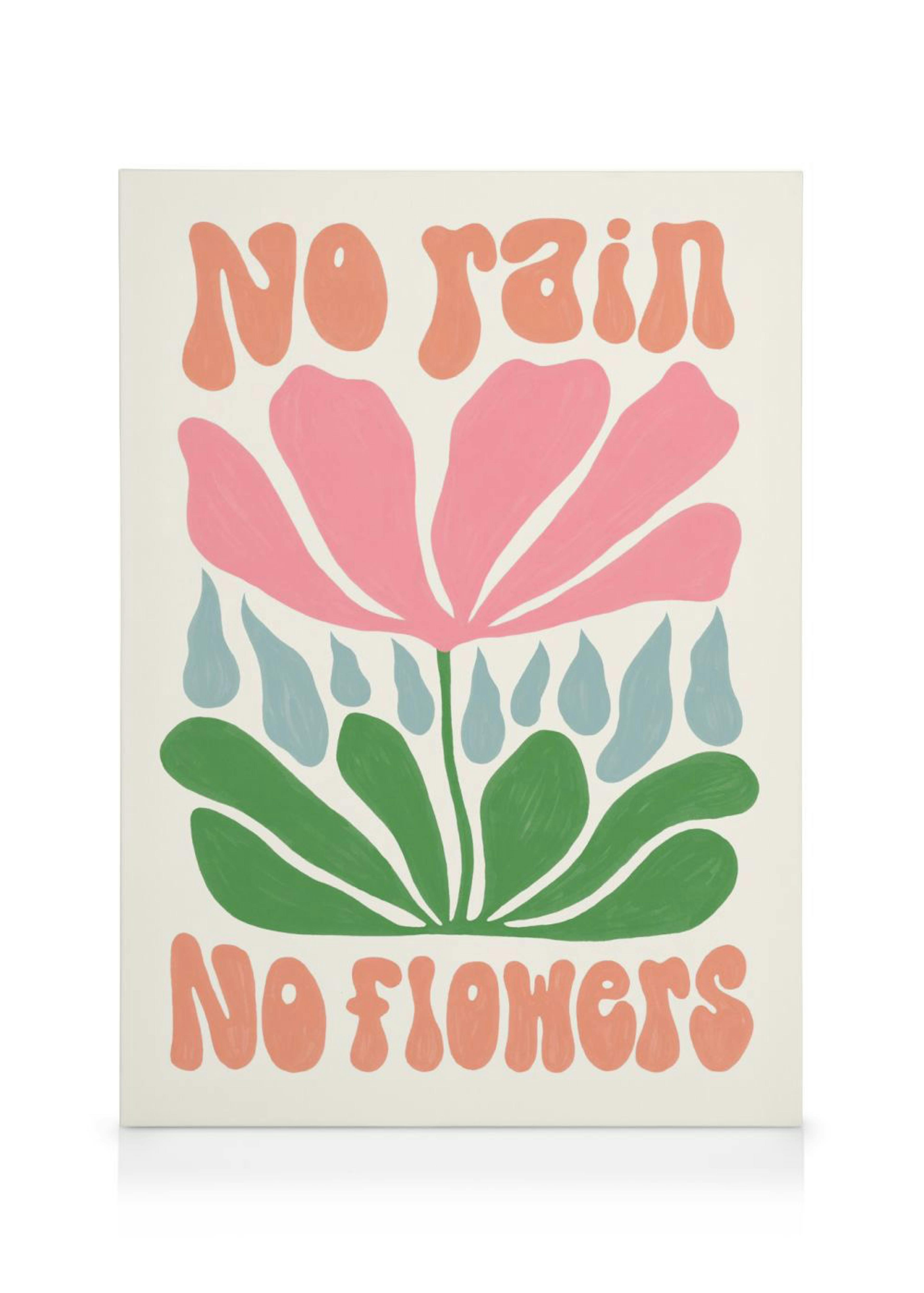 A canvas print with a pink flower, green leaves, blue raindrops, and the quote No rain, No flowers in peach text.