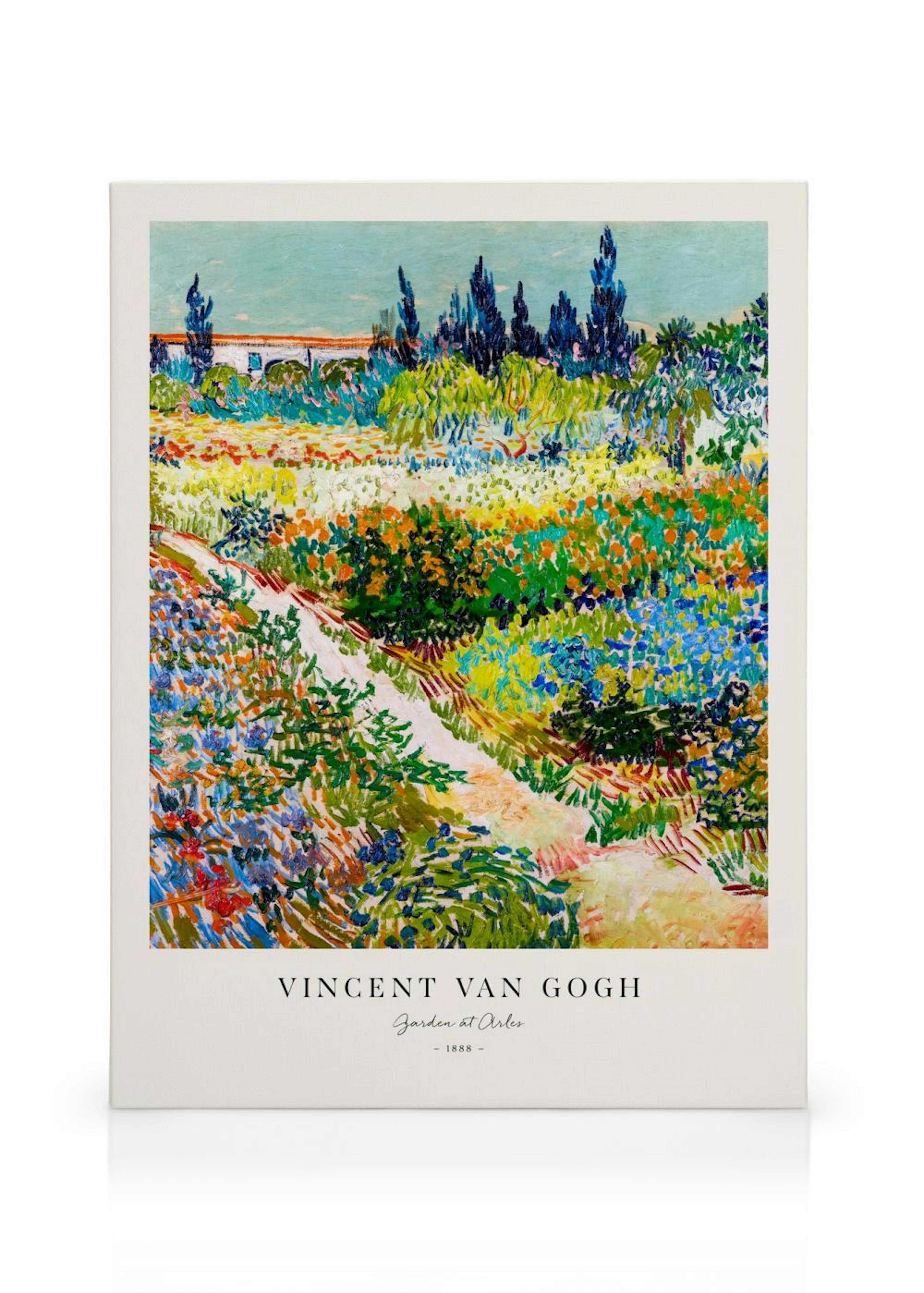 Leinwandbild Garten in Arles von Vincent van Gogh mit lebhaften Blumen und Zypressen.