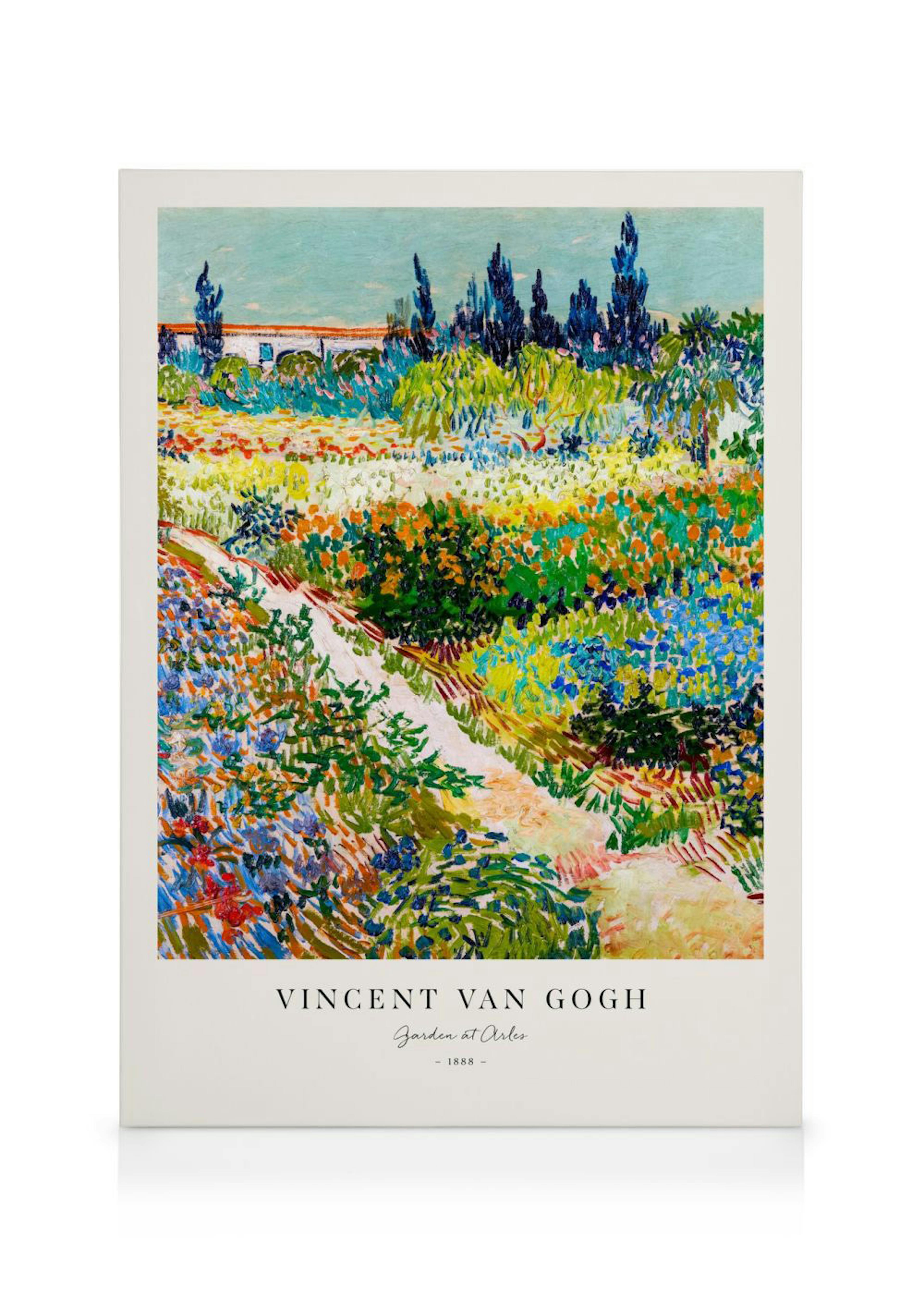 Et fargerikt lerretsbilde av Van Goghs Garden at Arles, med en sti som snor seg gjennom en frodig hage i livlige farger.