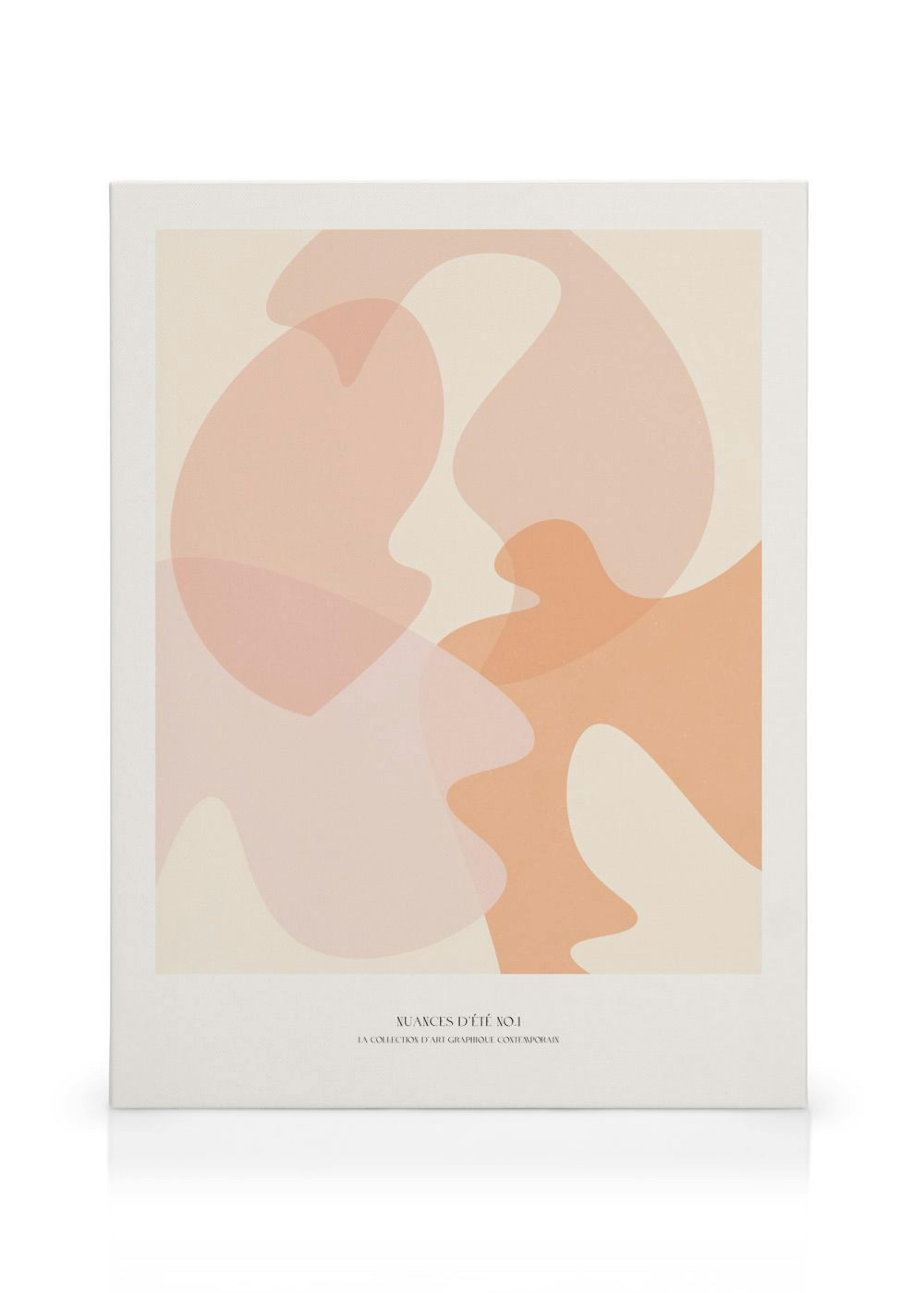 Leinwandbild mit organischen Formen in Pastellrosa, Orange und Beige, schwebend über einem hellen Hintergrund.