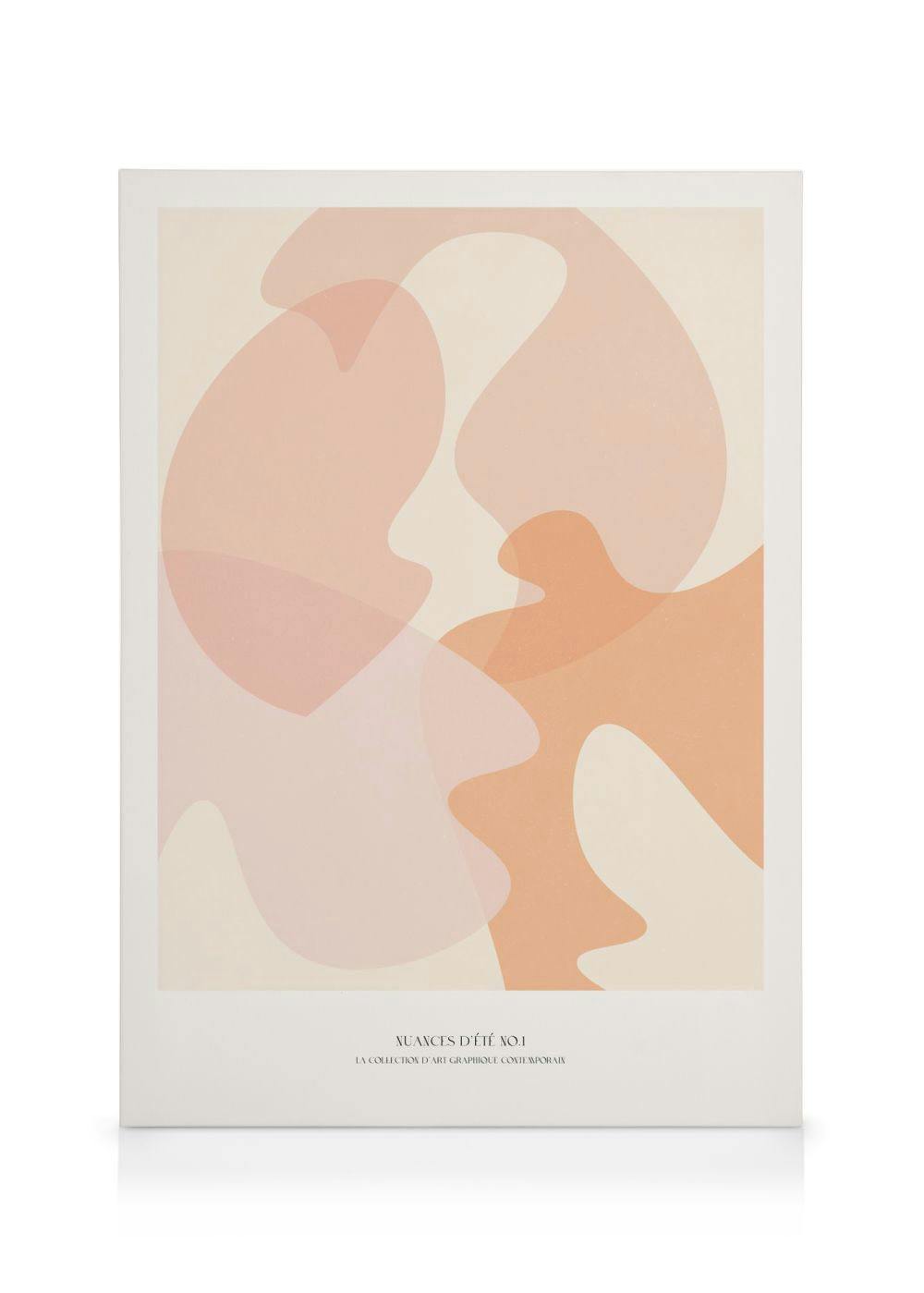 Obraz na płótnie z abstrakcyjnymi kształtami w odcieniach brzoskwini, różu i beżu na jasnym tle.