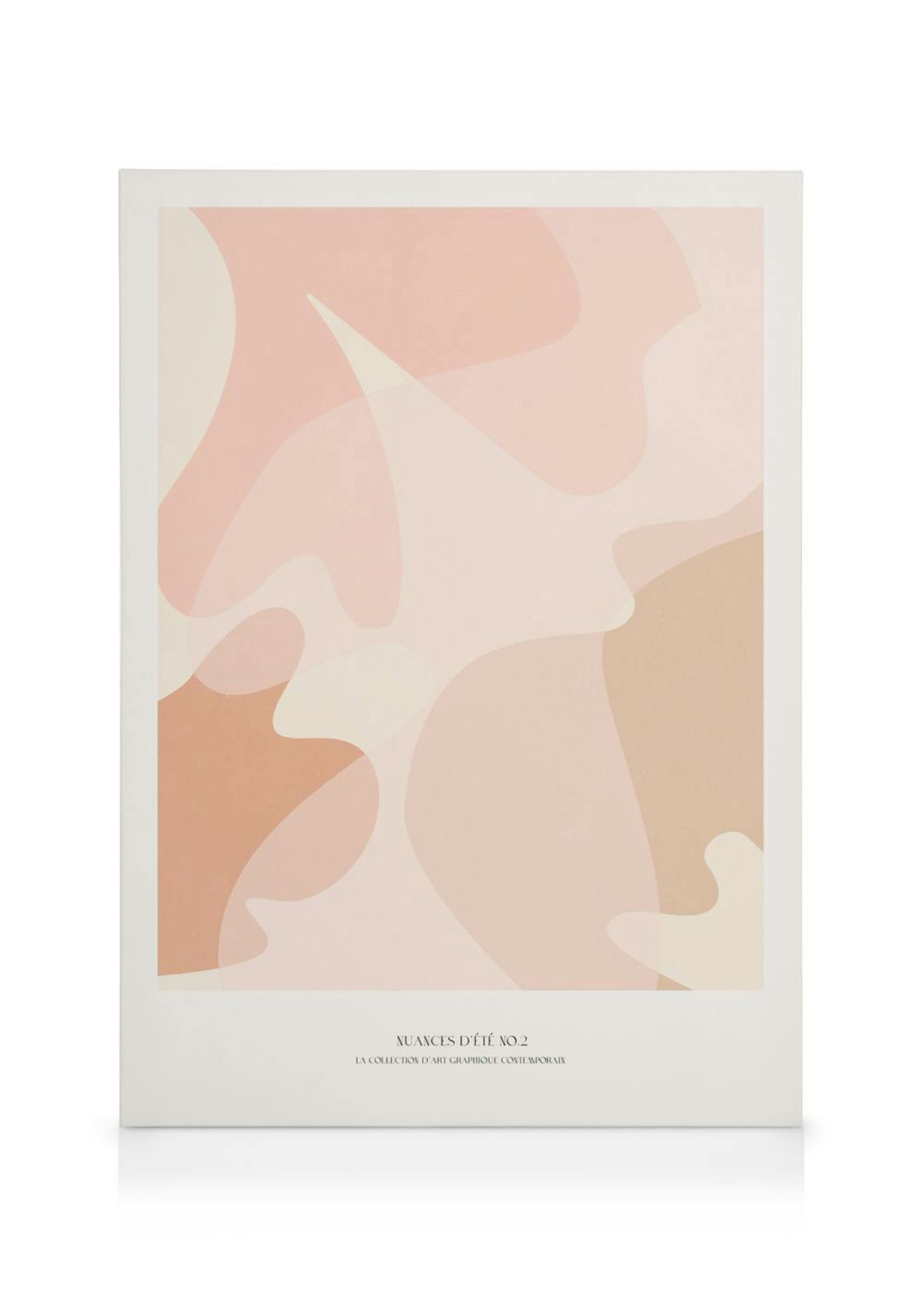 Toile abstraite aux formes organiques roses, beiges et marron clair avec des lignes fluides et un fond clair.