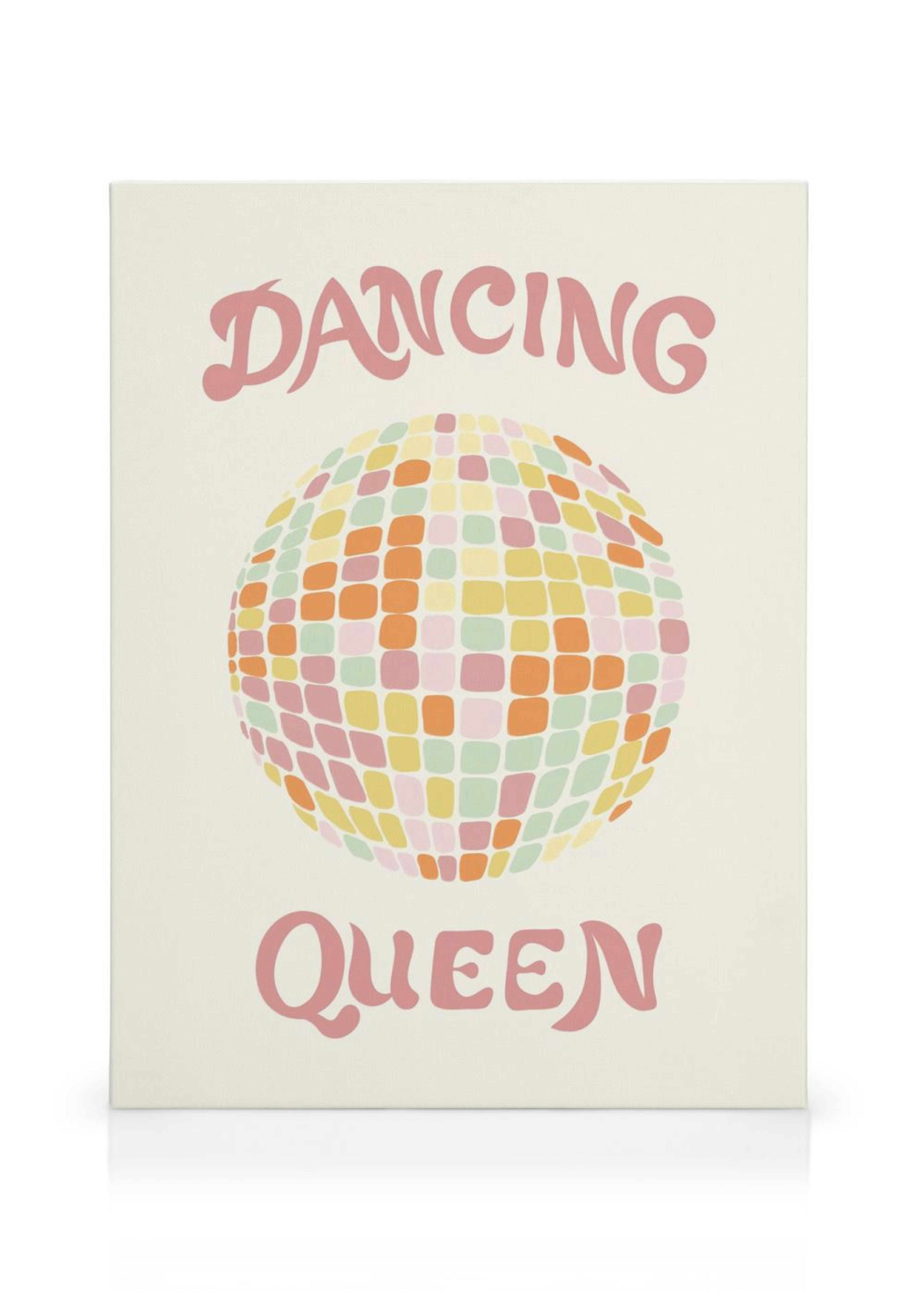 Leinwandbild mit bunter Discokugel und rosa Schriftzug Dancing Queen auf hellem Hintergrund.