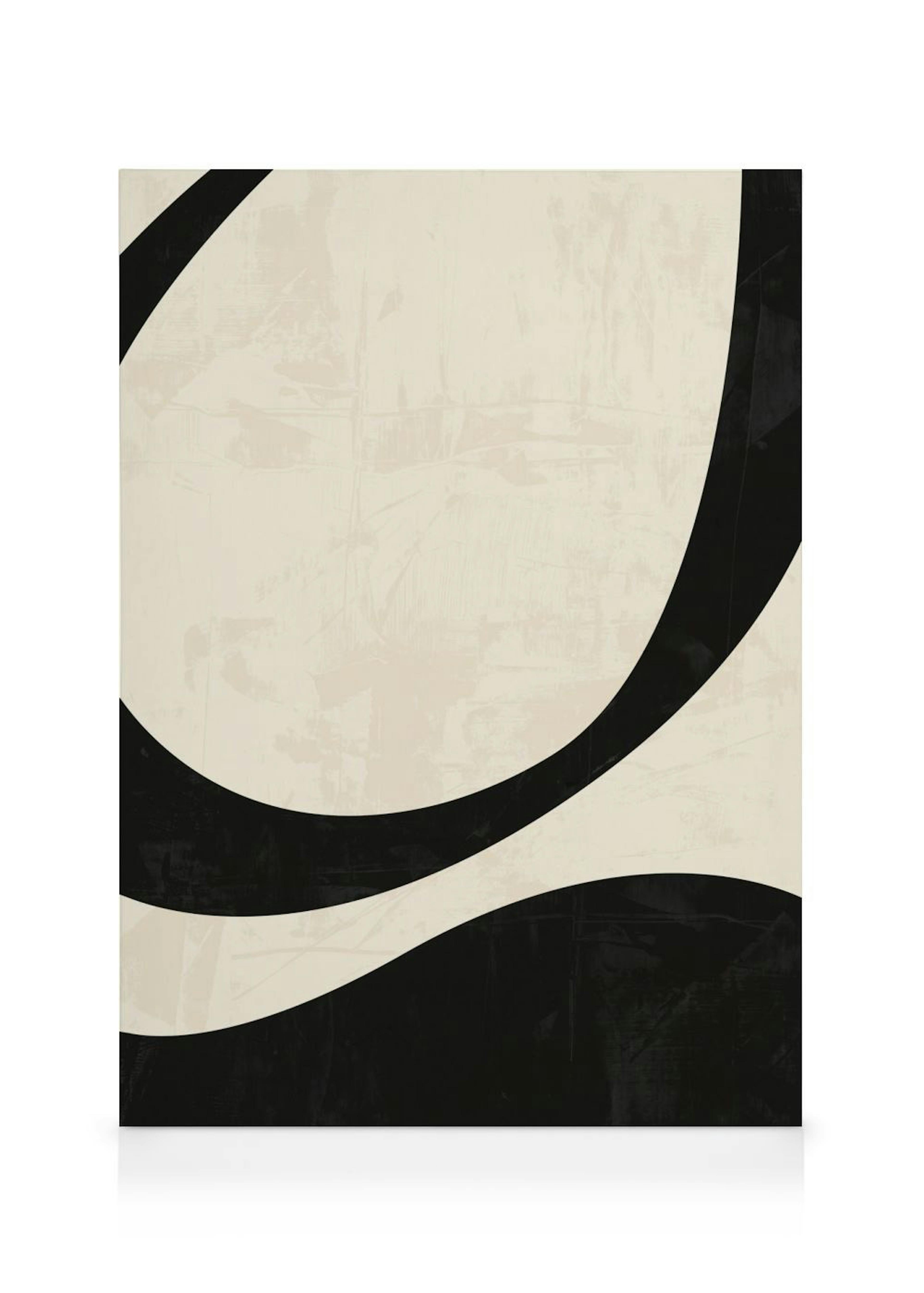 Abstract print with black and off-white organic shapes featuring curved lines on a textured background.